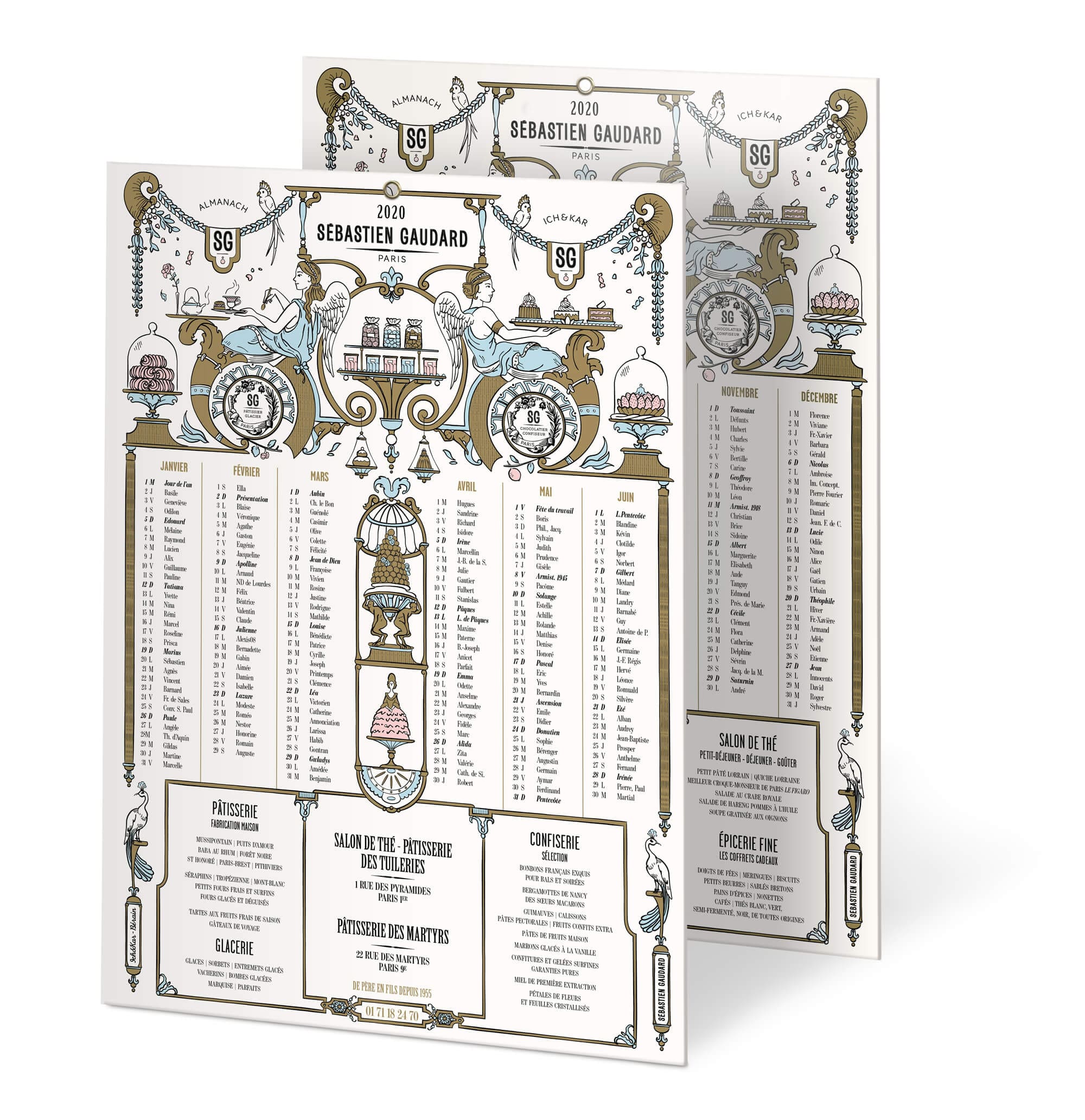 visuel du calendrier 2020 dessiné par le studio IchetKar, les illustrations reprennent des motifs du décorateur bérain… pour le patissier Sébastien Gaudard Paris