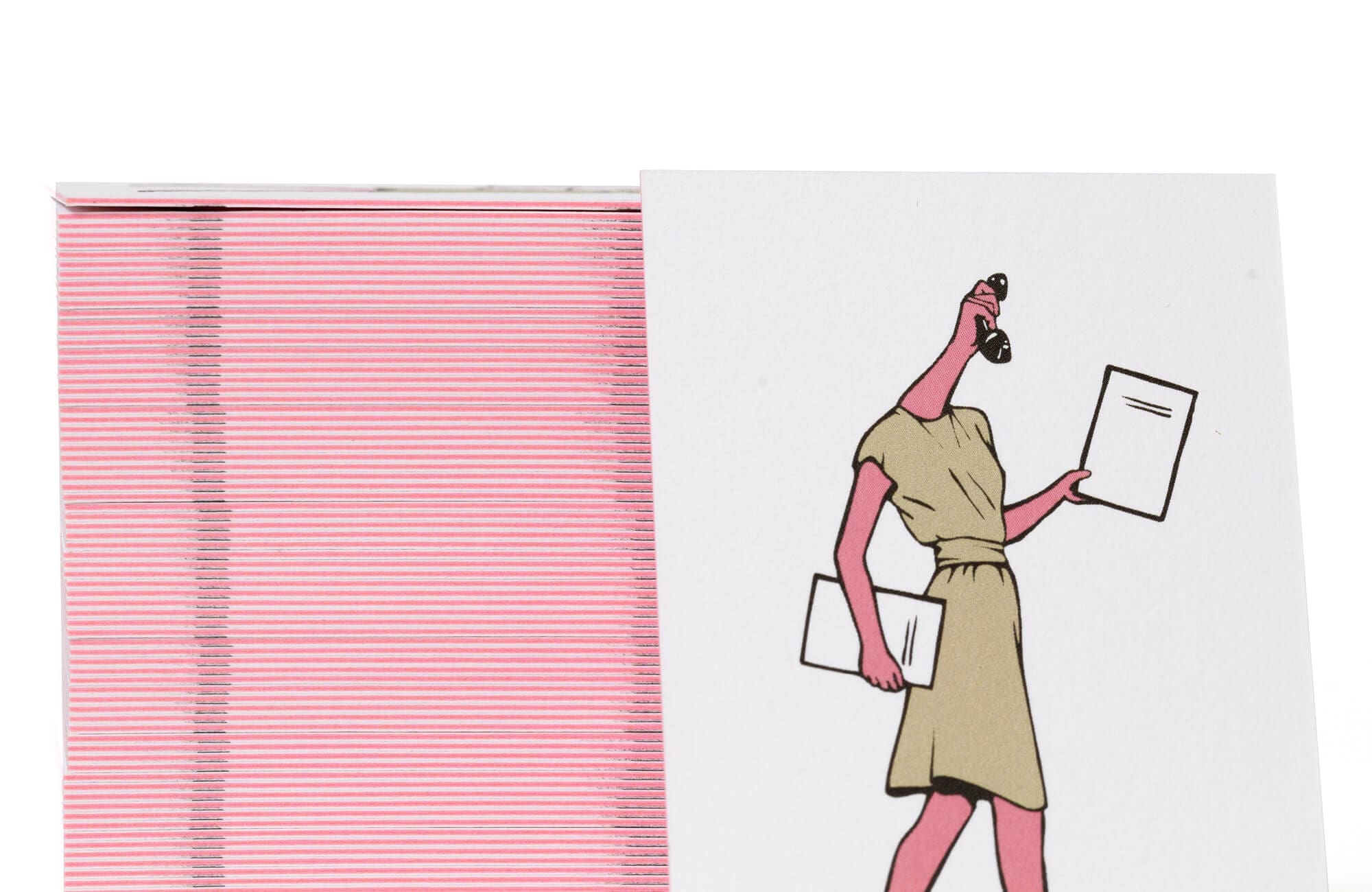 ZOOM sur LA carte de visite pour henya mekki Business woman retro futuriste, une carte epaisse et rigide avec une tranche rose fluo, indemodable signée Ichetkar.