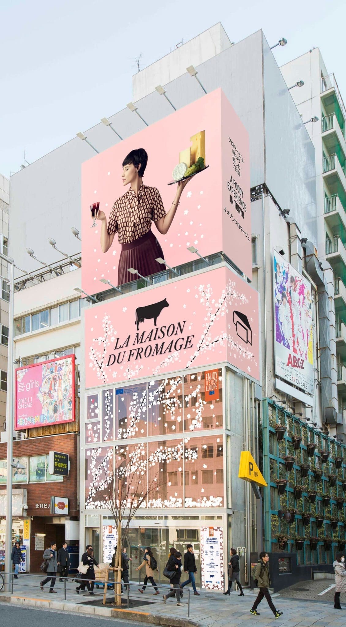 habillage de la facade de la maison du fromage àa tokyo pour le pop up store. Arbre japonais sakura en vitrophanie, design helena ichbiah ichetkar
