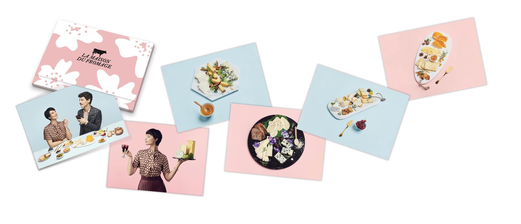 Les cartes postale de la maison du fromage avec des photos de plateaux de fromages, rose et bleu, masculin féminin, art direction et design ichetkar
