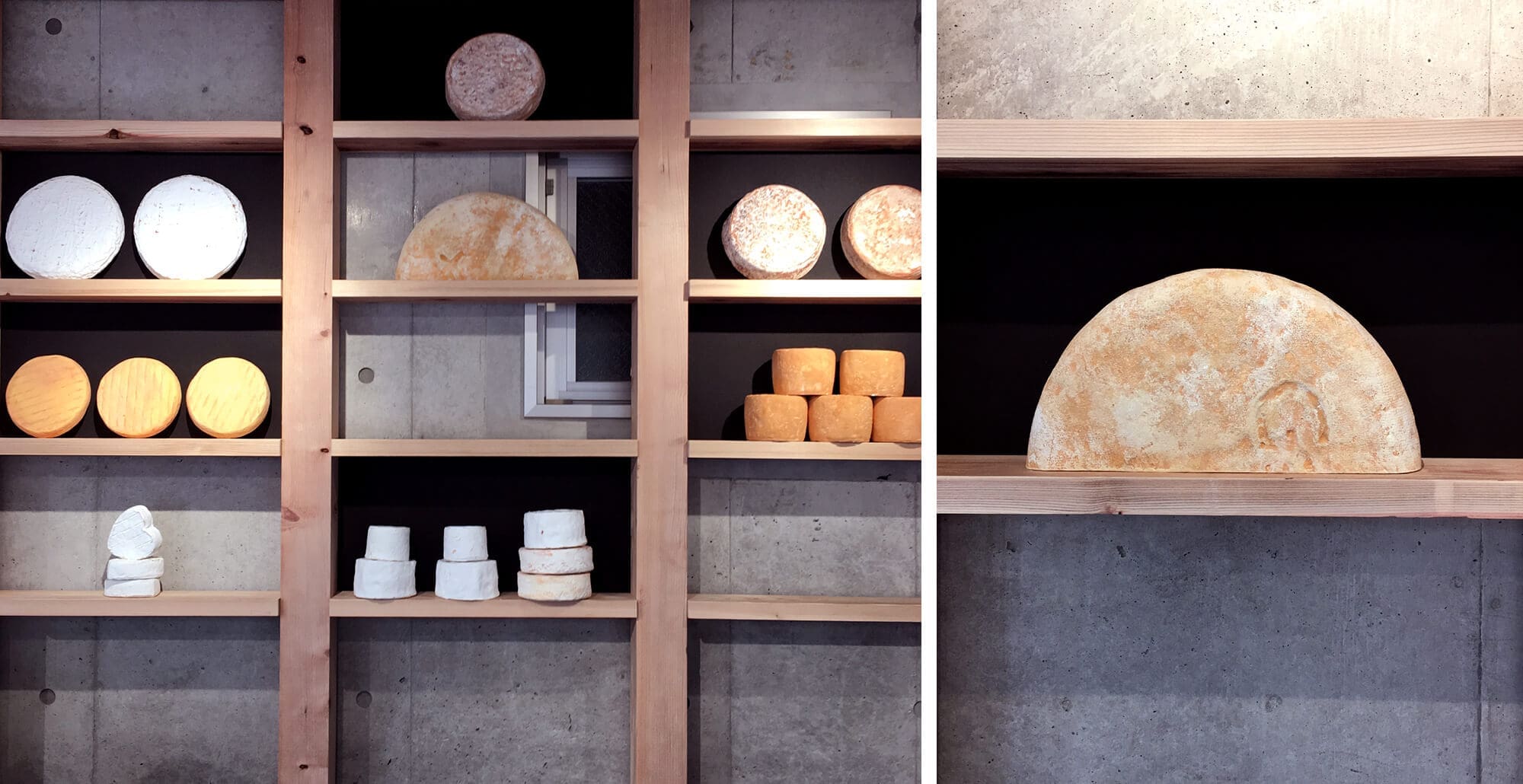Les étagères de fromages à la maison du fromage à Tokyo, design graphique et architecture d'intérieur IchetKar