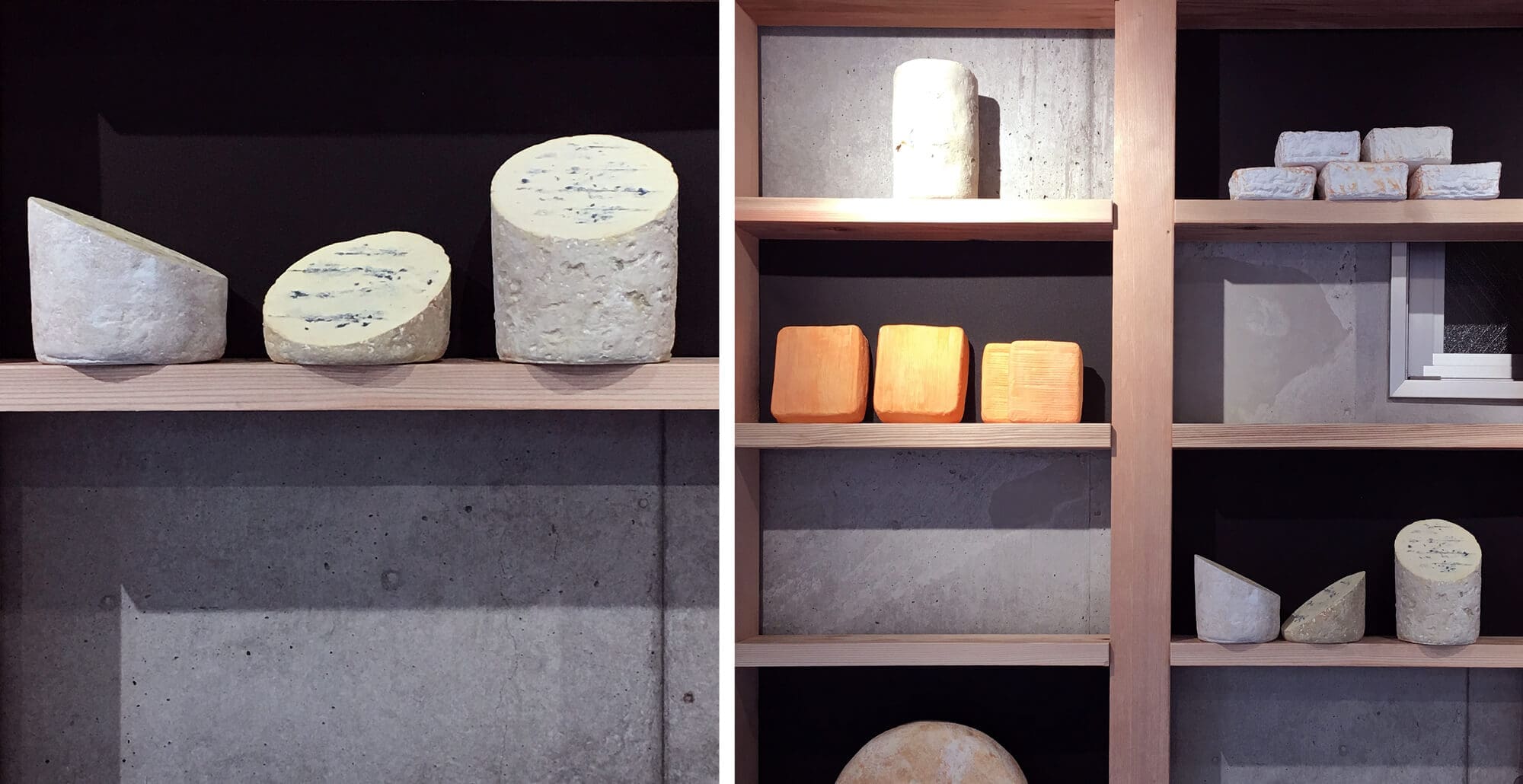 Les étagères de fromages à la maison du fromage à Tokyo, design graphique et architecture d'intérieur IchetKar