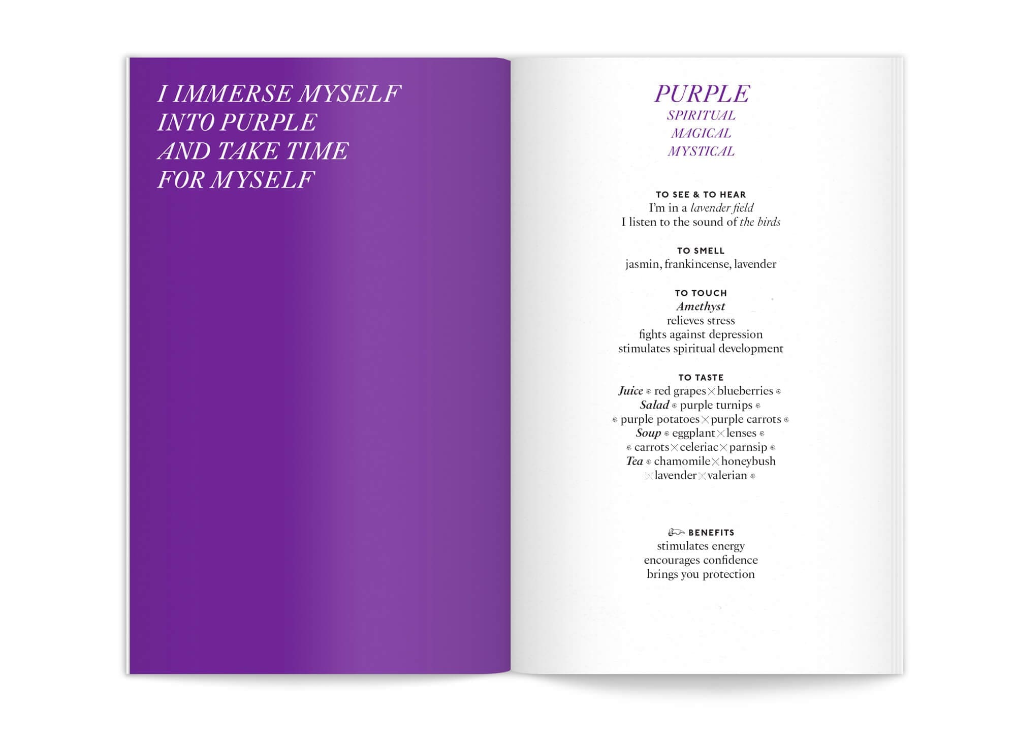 double page Violette de l'édition "color benefits" pour mycocoon par le studio de graphisme IchetKar