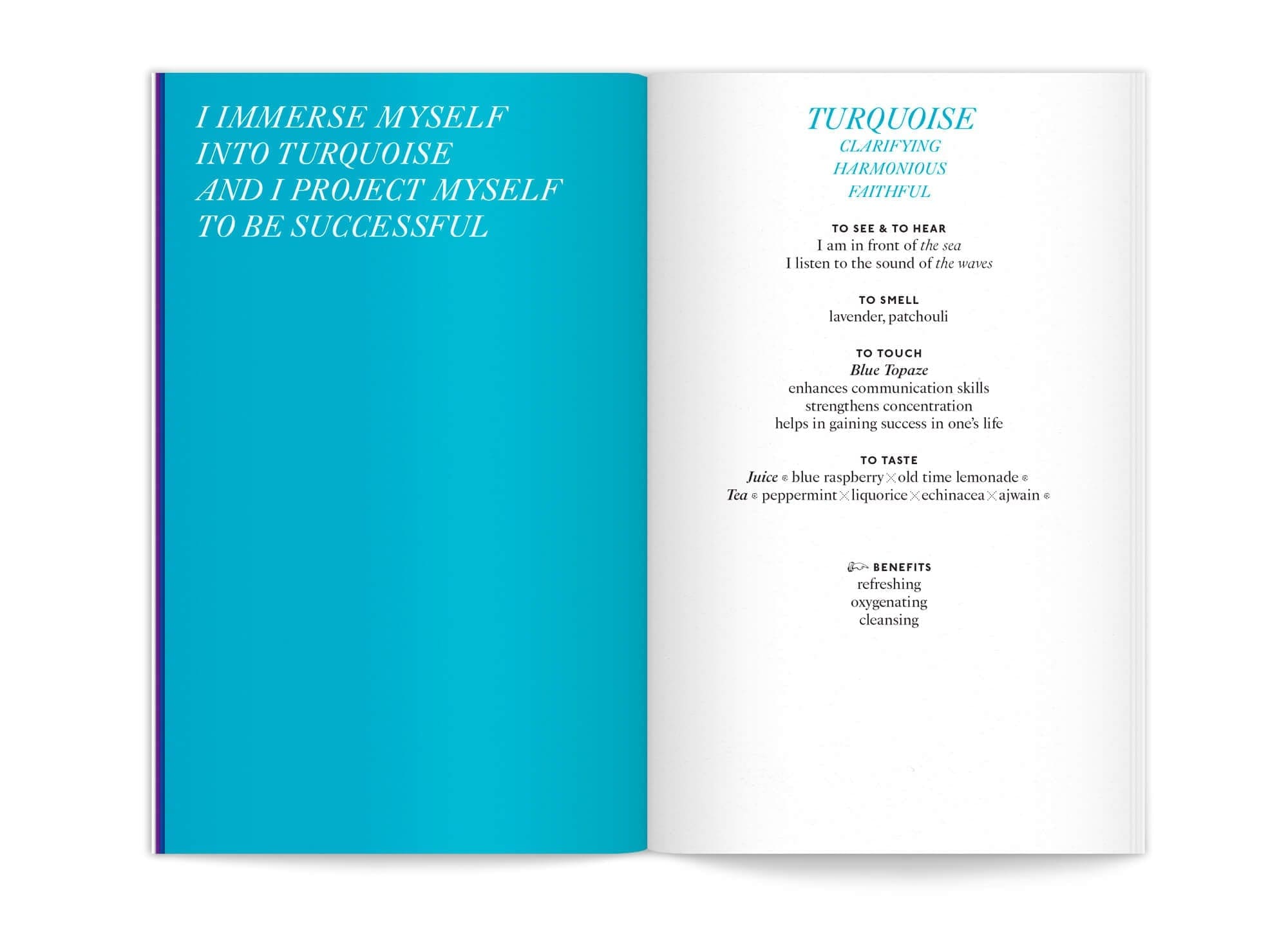 double page Turquoise de l'édition "color benefits" pour mycocoon par le studio de graphisme IchetKar