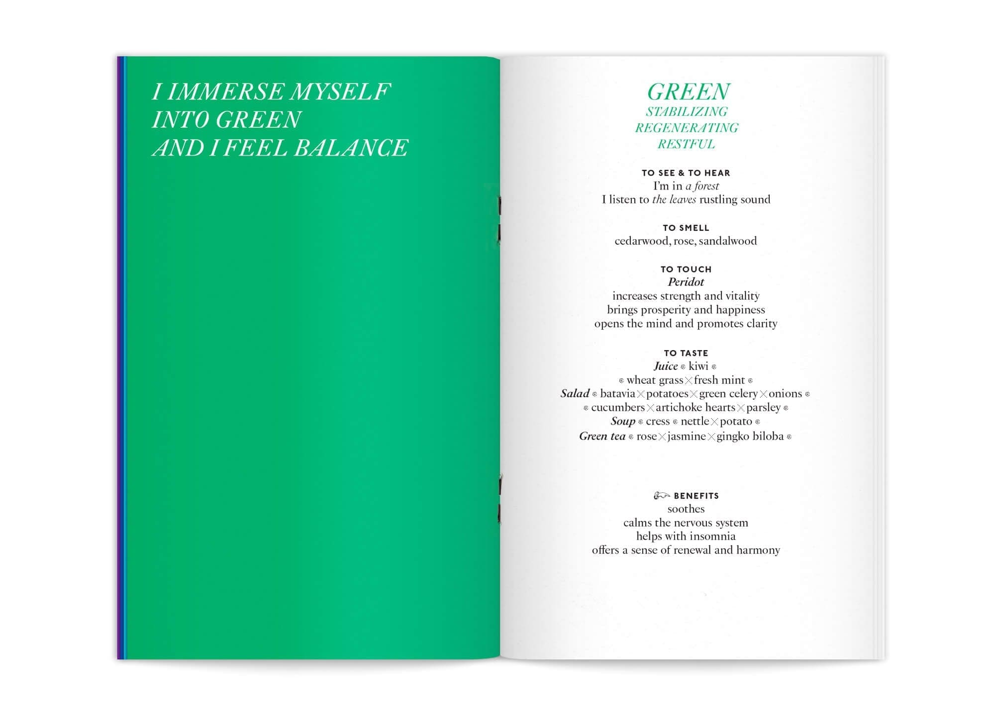 double page centrale de l'édition "color benefits" pour mycocoon couleur verte, par le studio de graphisme IchetKar