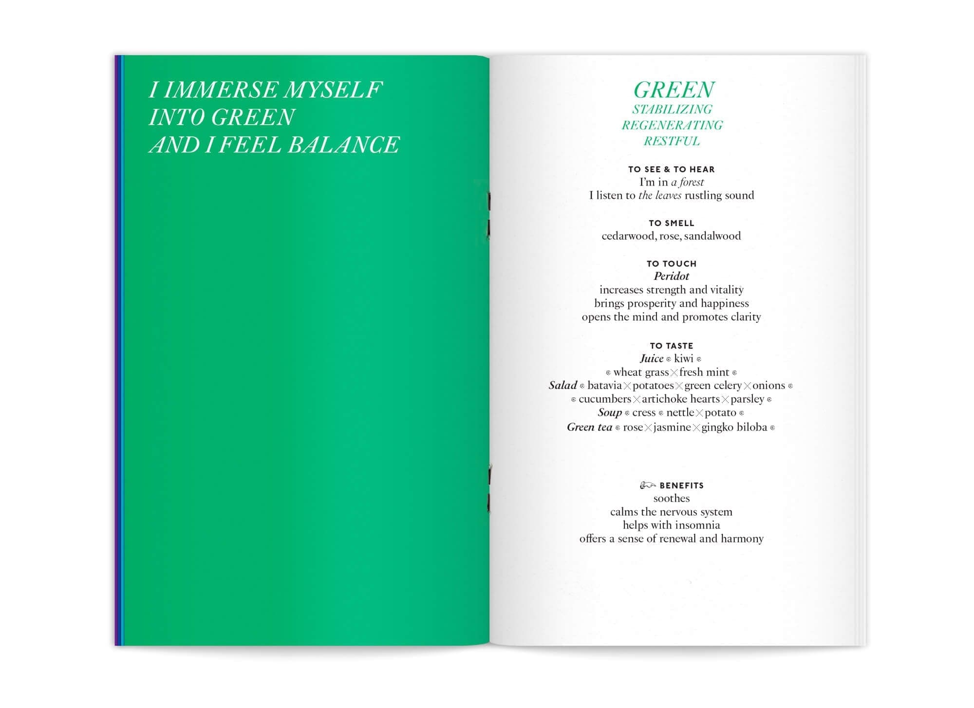 double page centrale de l'édition "color benefits" pour mycocoon couleur verte, par le studio de graphisme IchetKar