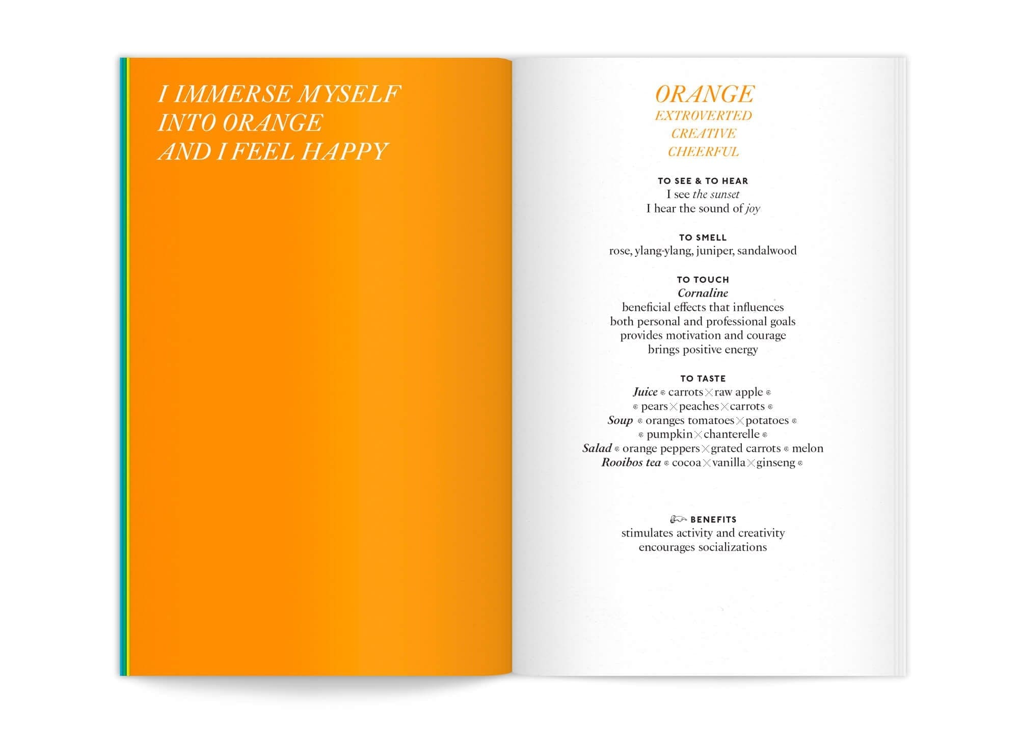 Le bureau de graphisme IchetKar met en page cette édition "color benefits" pour mycocoon, la page Orange vif représente la joie