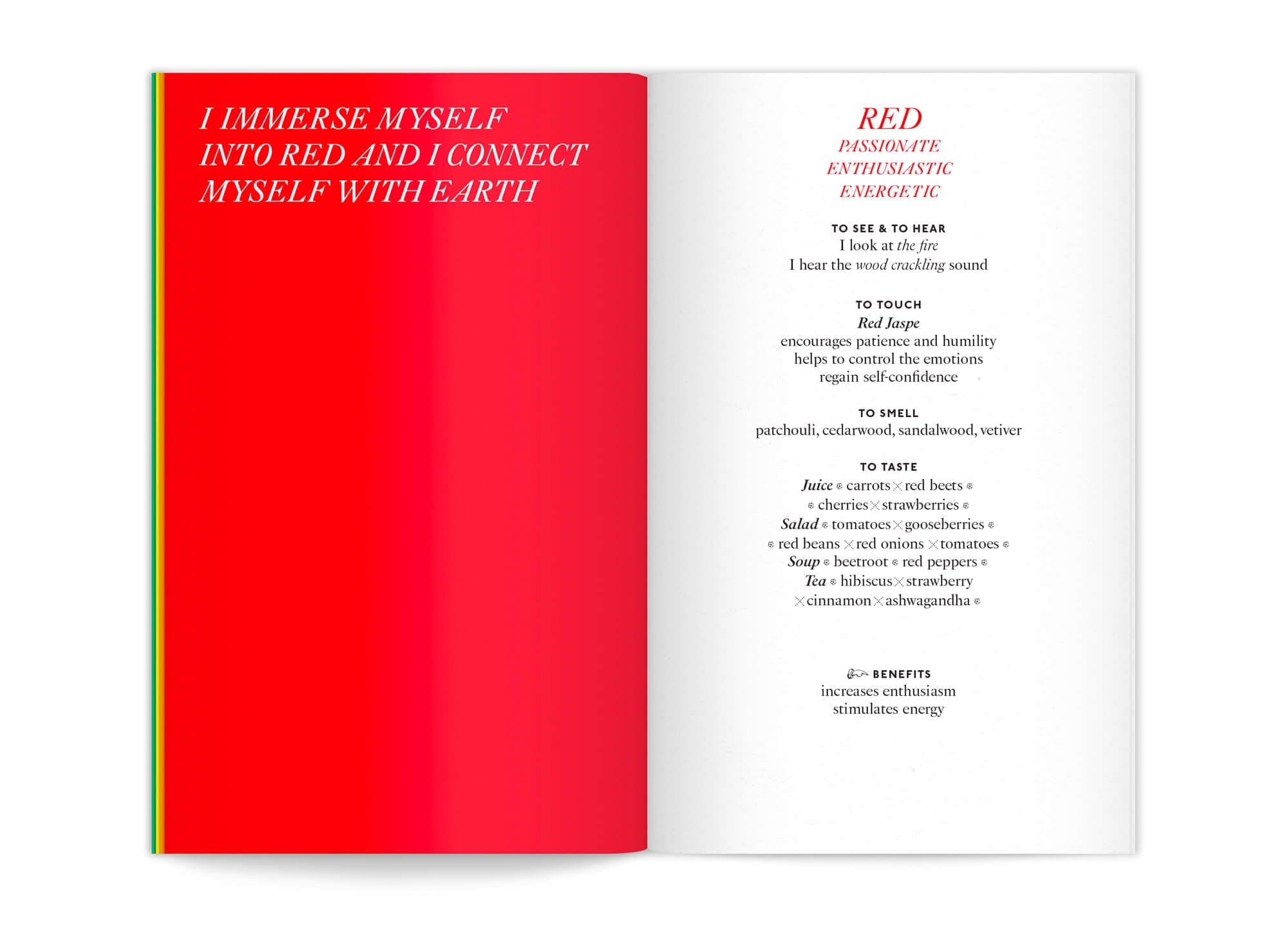 Double page avec un aplat rouge, du livret My cocoon color benefit dessiné par ichetkar