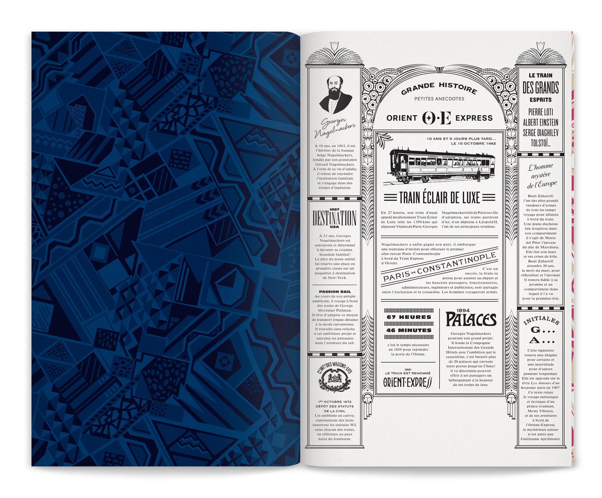 Photographie du menu Orient Express dessiné par lchetKar, sur la page de garde un motif redesigné par le studio de graphisme et en face une double page illustrée des anecdotes du train mythique.