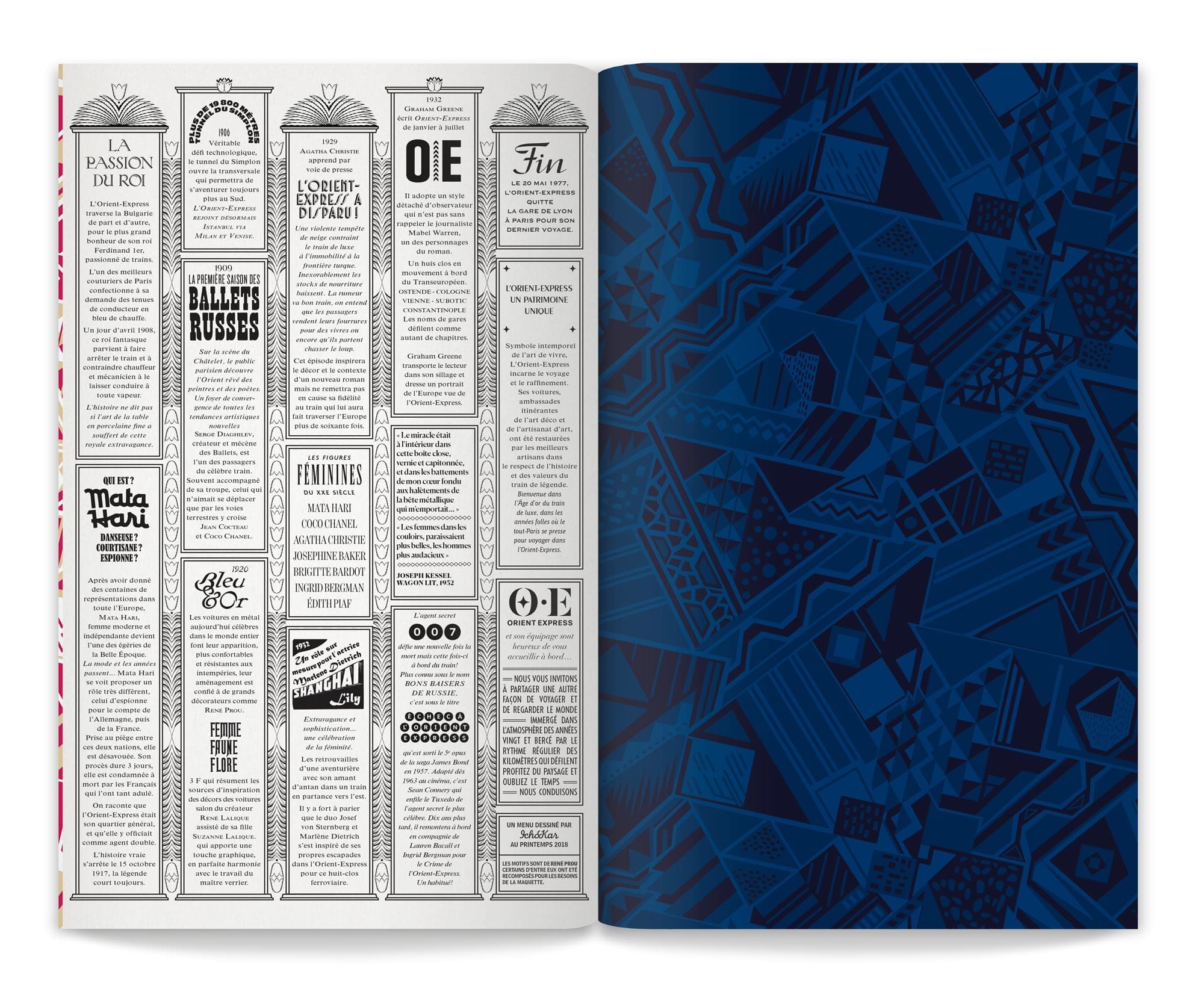 dernière page du menu Orient Express dessiné par ichetkar d'après René Prou - composition typographique et dessin de motif
