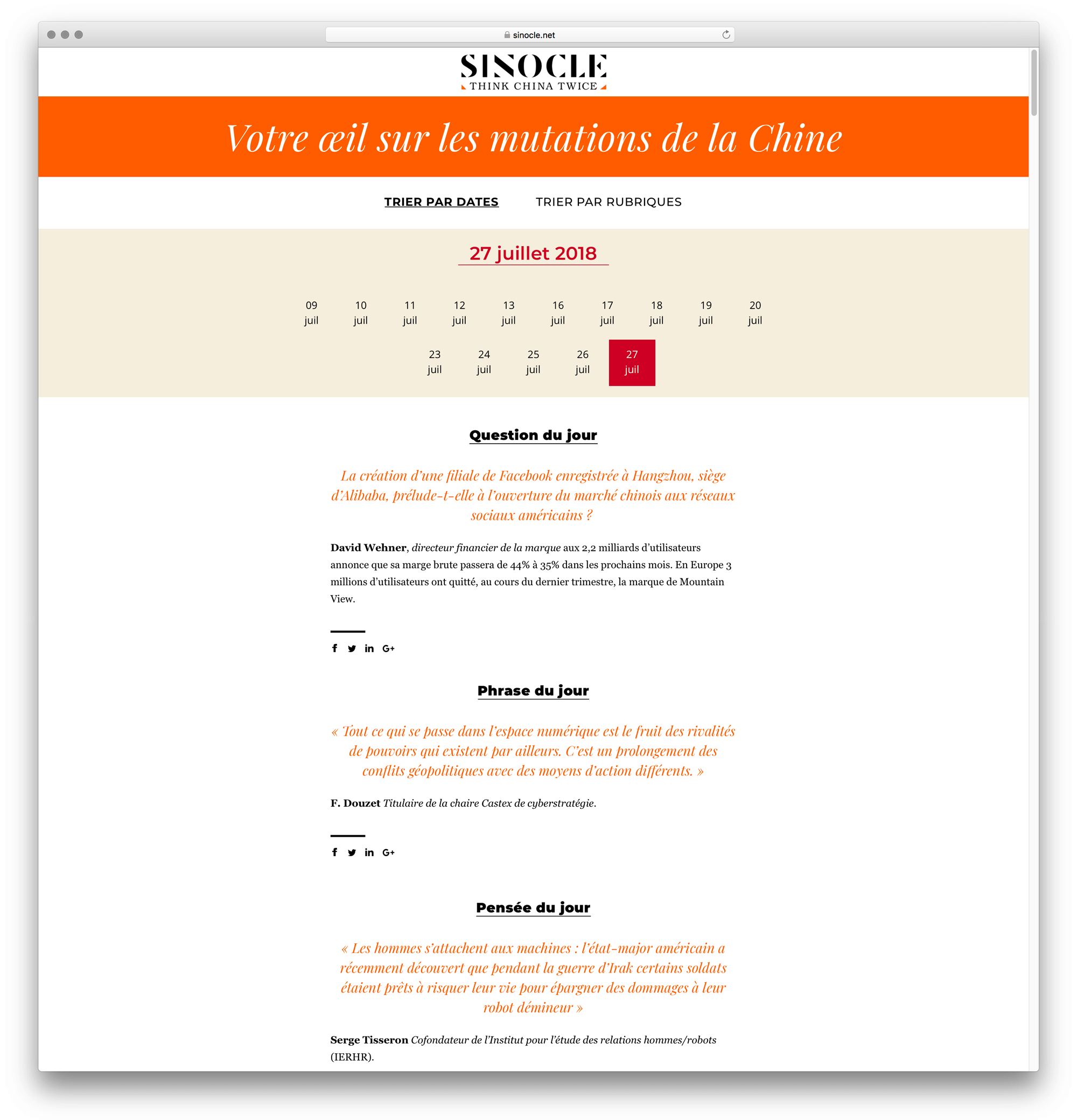 visuel d'une page de newsletter dans les archives du média Sinocle, tourné vers la chine designé par Ich&Kar et développé par Charlie Bayot.