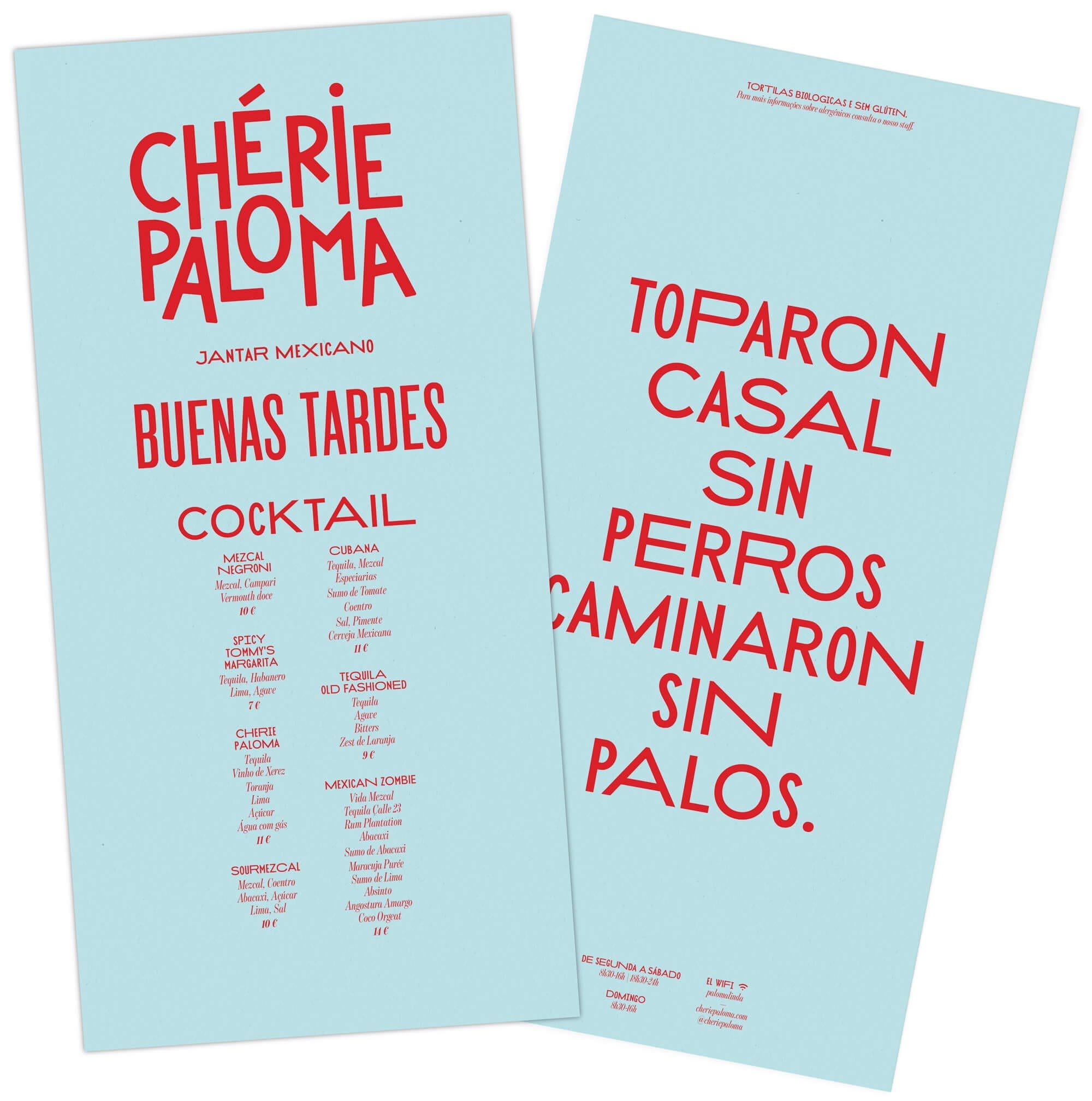 menu dessiné par le studio de graphisme Ichetkar pour le restaurant Chérie Paloma à Lisbonne ouvert par Julien Garrec papier bleu azur et typographie rouge