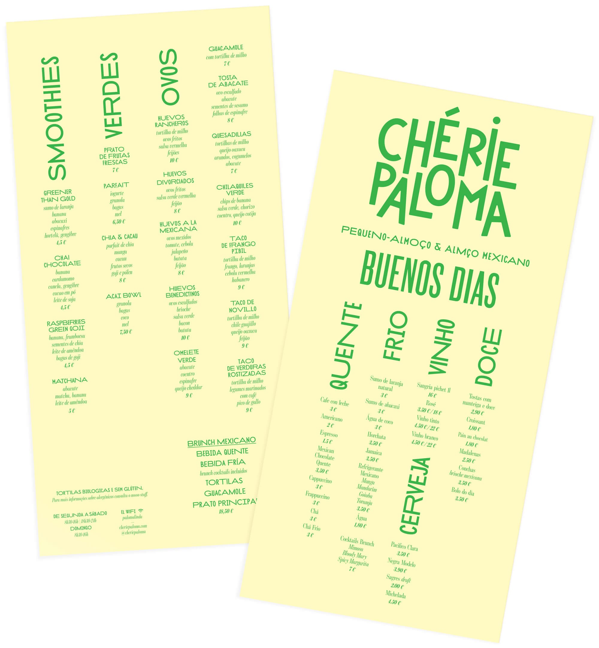 Menu sur papier jaune et imprimé en vert cactus par Ich&Kar pour le restaurant portuguais Chérie Paloma