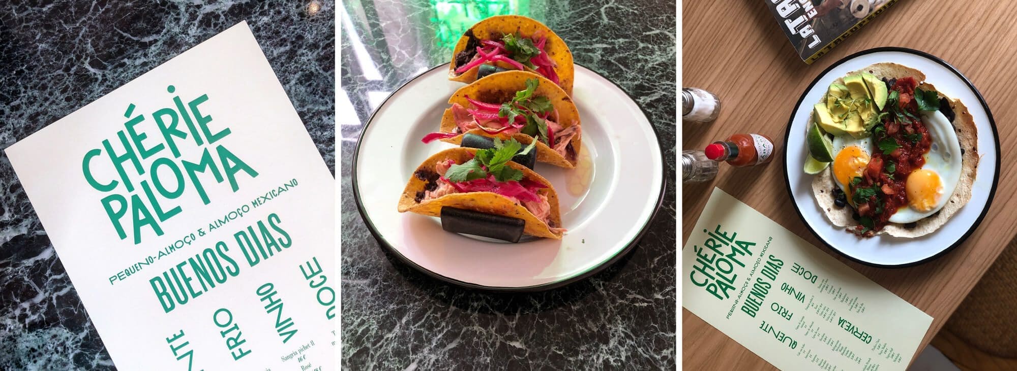 trois images du menu dessiné par ichetkar et des plats du resto Mexicain Chérie Paloma