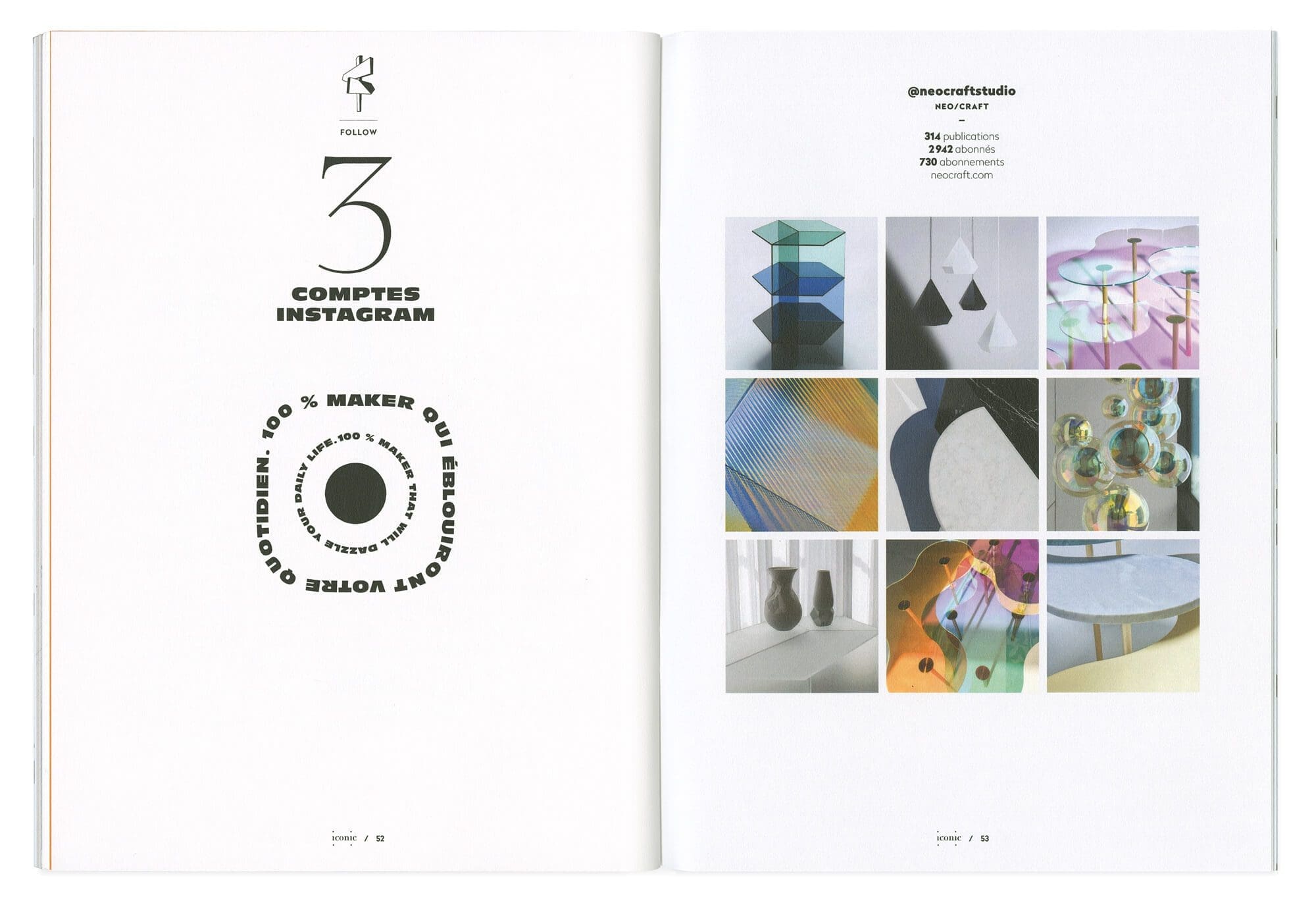 double page composée présentant le compte instagram neocraftstudio, et caligramme. design editorial par le studio ich&Kar