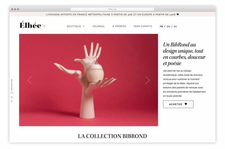 Home page du site de Élhée, Ich&Kar accompagne Élhée pour le lancement de son eshop épuré, invitant dans l'univers luxe du BibRond sensoriel, un biberon au design féminin, fabriqué en France par Allison Piraud.