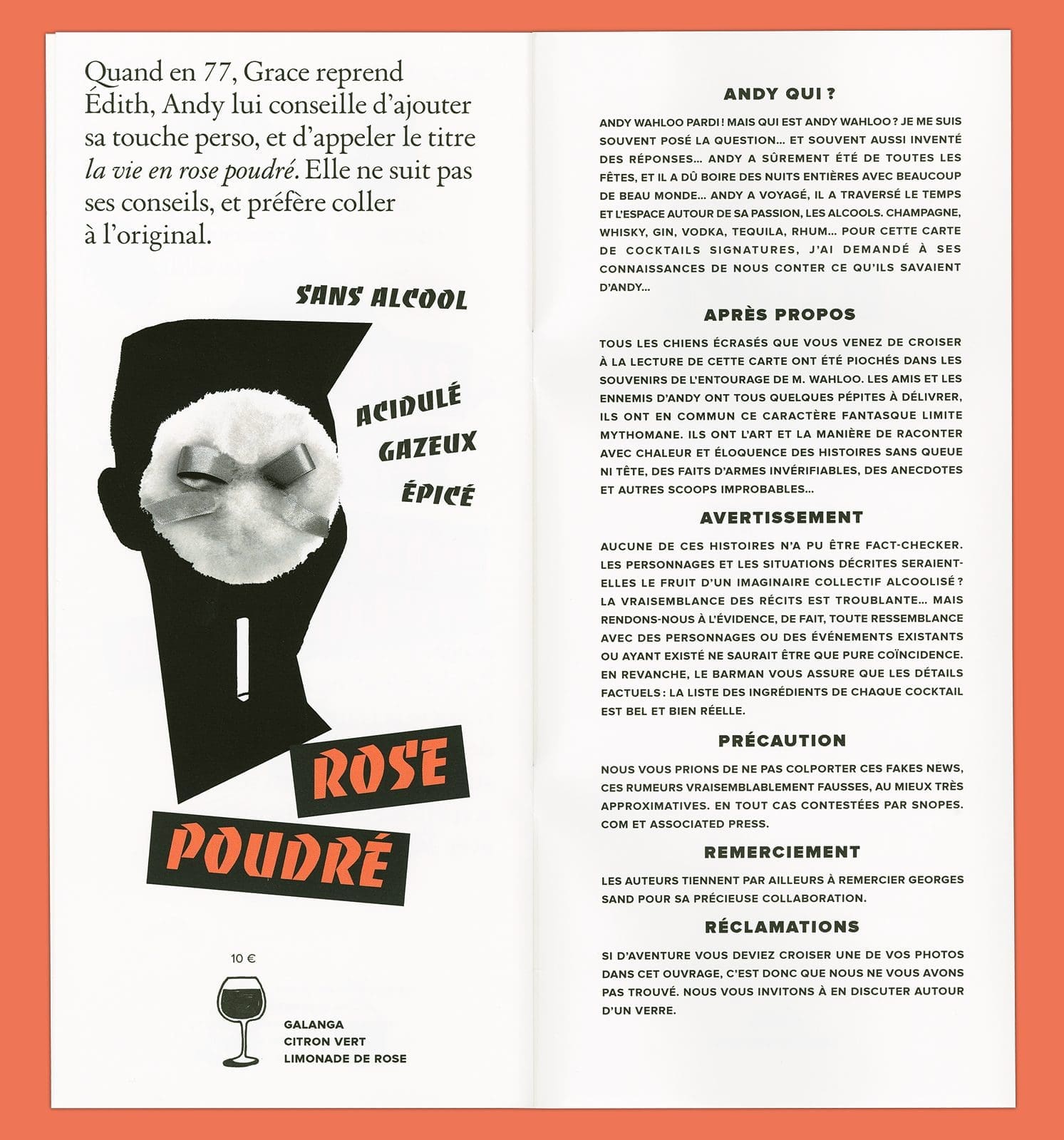 double page du fanzine punk, cocktail sans alcool avec une histoire inspirée de la chanson "la vie en rose" de grace jones