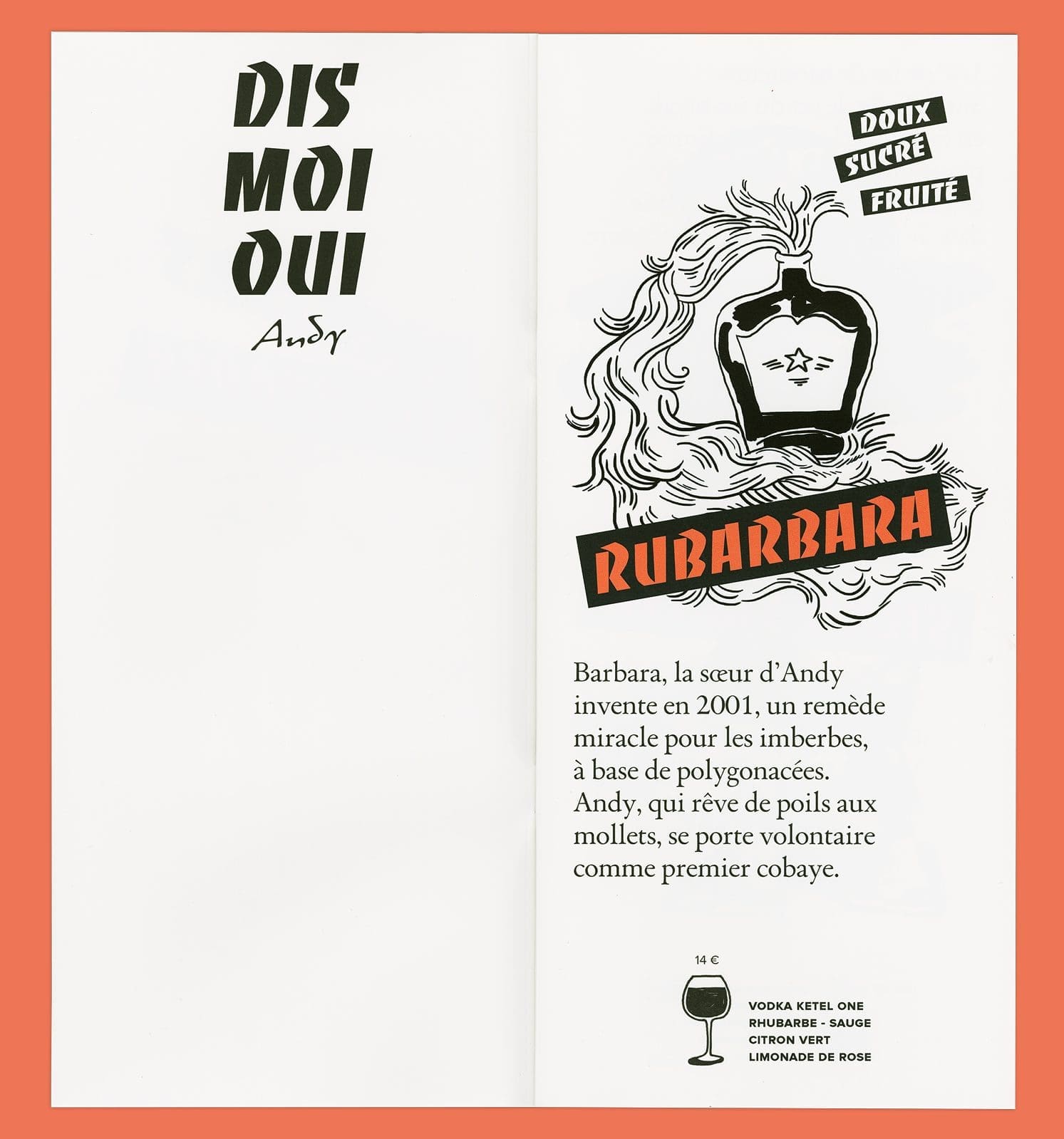 fanzine-menu illustré d'histoires absurdes par le studio Ich&Kar pour les cocktails de l'andy wahloo.