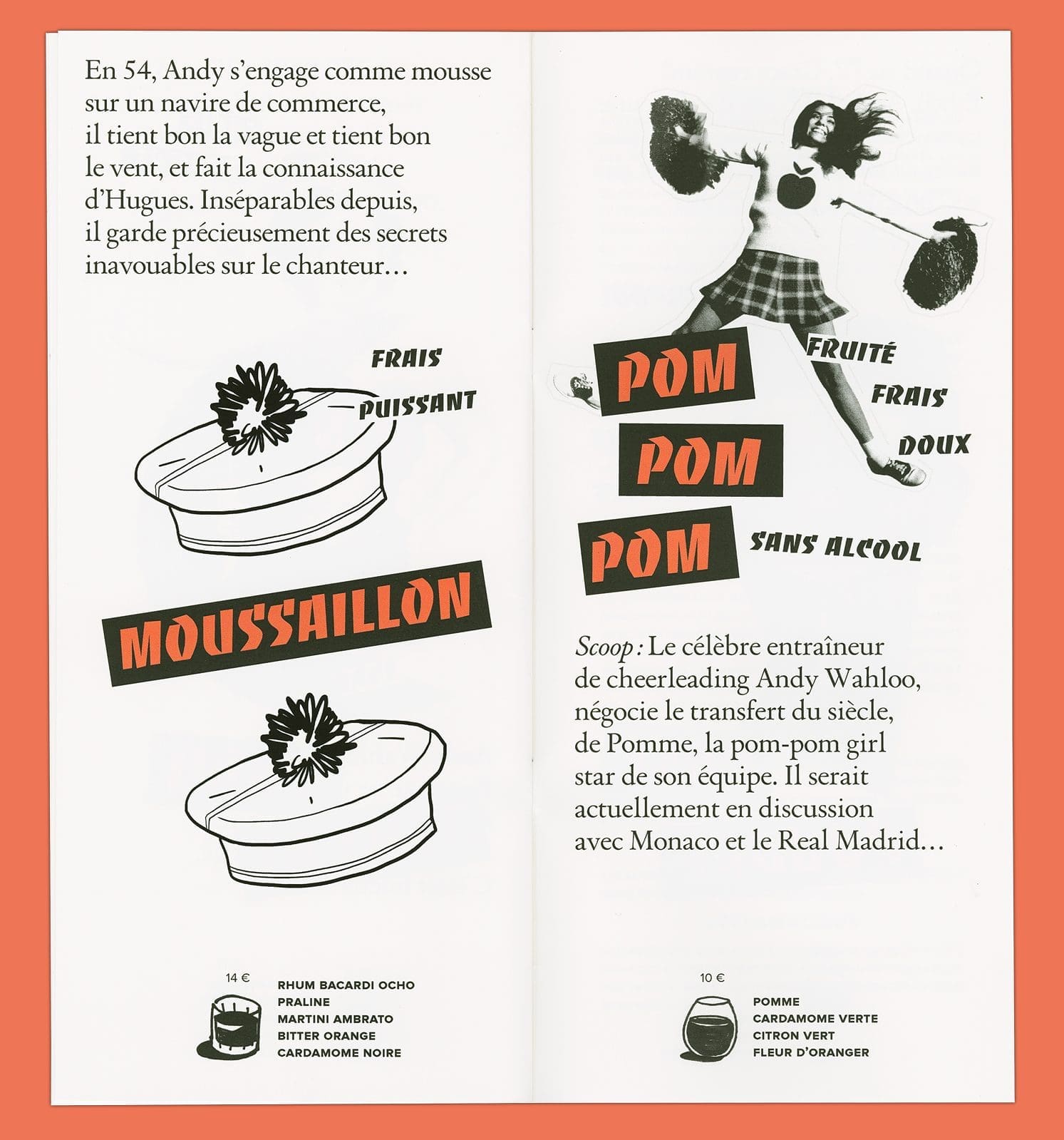 double page du menu dessiné par Ich&Kar avec illustrations et photocollages dans un style punk chic