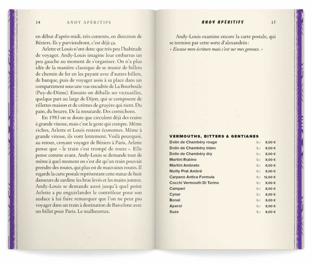 double page de la nouvelle andy apéritif écrite par olivier Gadet pour le troisième menu-livre de L'Andy Wahloo, conception ich&kar