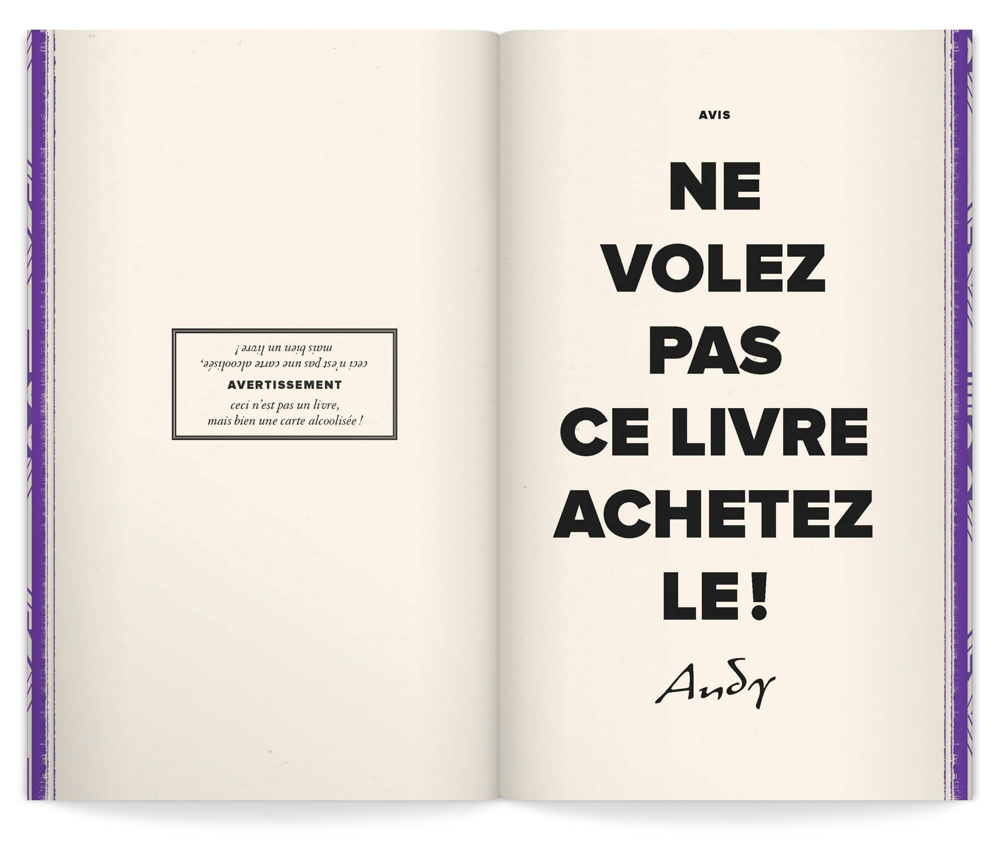 double page du nouveau livre menu dessiné par le studio ich&Kar pour le restaurant andy wahloo avec le texte "ne volez pas ce livre, achetez le"