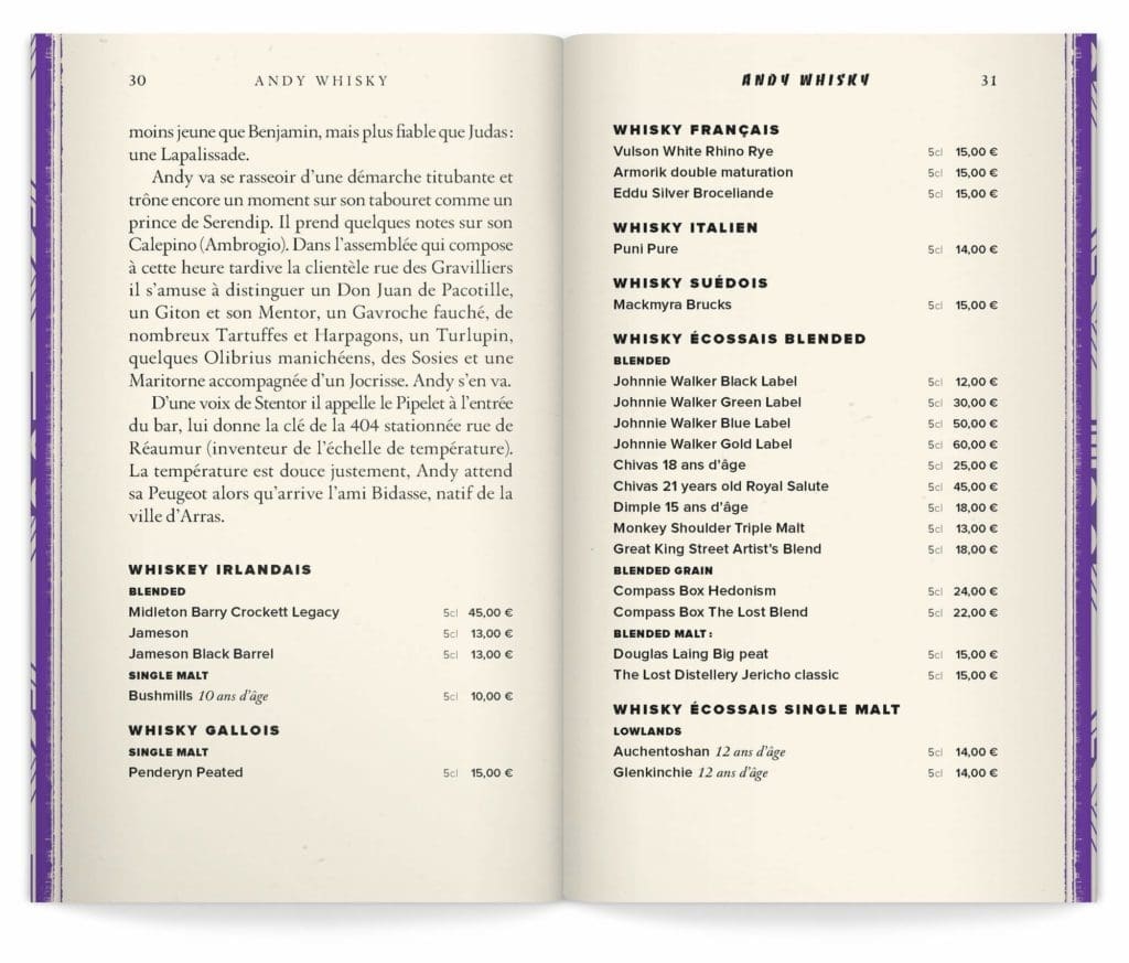 double page du chapitre andy whisky, mise en page du menu livre par ichetKar