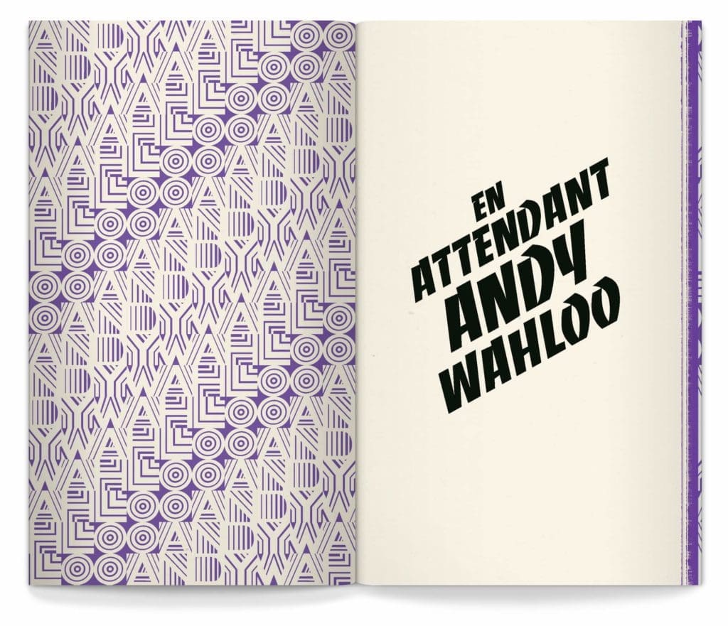 page de garde avec motif retro violet, et titre en banco, pour le nouveau menu, carte des alcools aux allures de livre de l'Andy wahloo