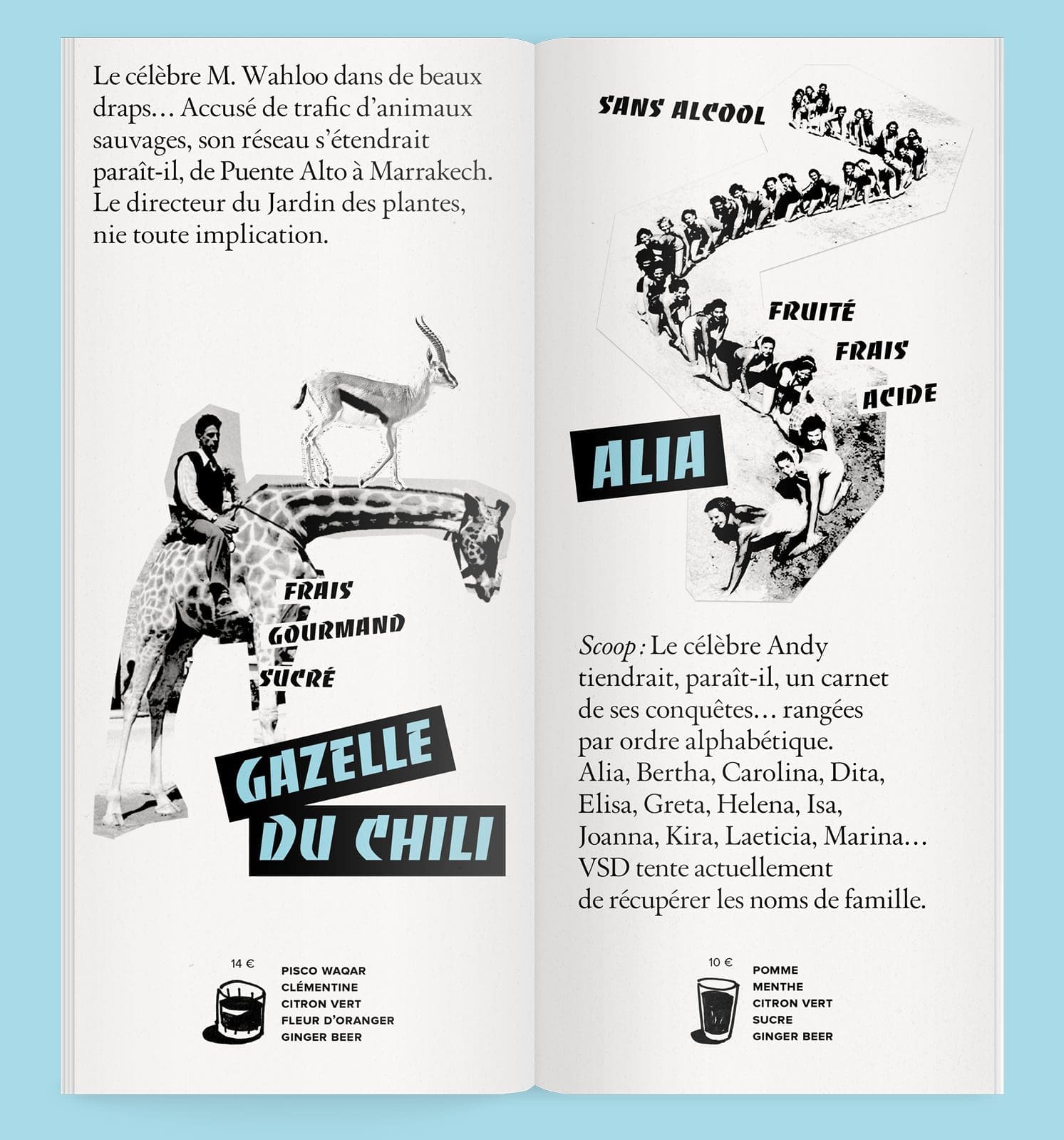 Gazelle du Chili, Alia, double page de lacarte de cocktail pour Andy Wahloo, signé IchetKar