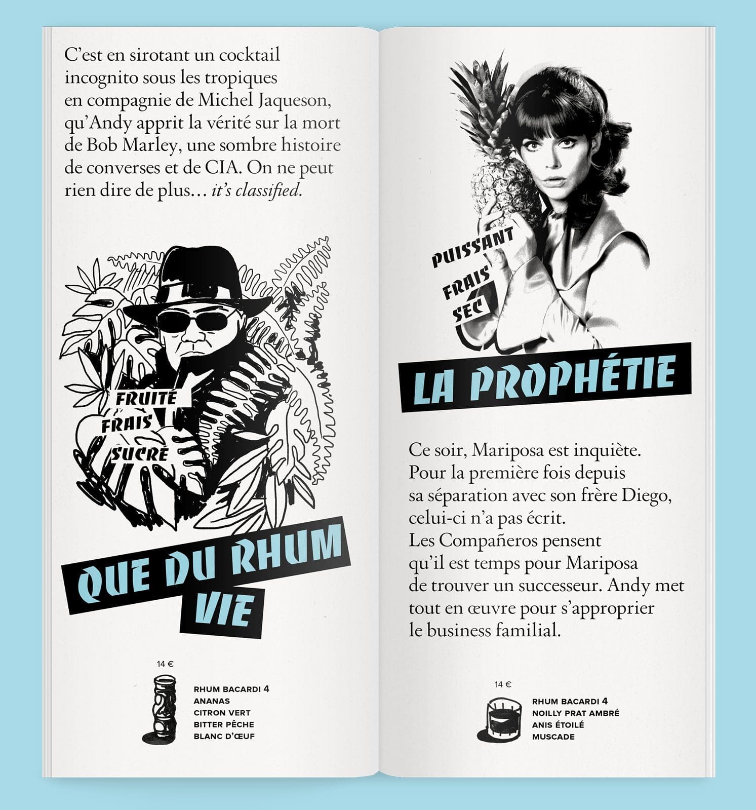 Que du Rhum Vie, La Prophétie, double page de lacarte de cocktail pour Andy Wahloo, signé IchetKar