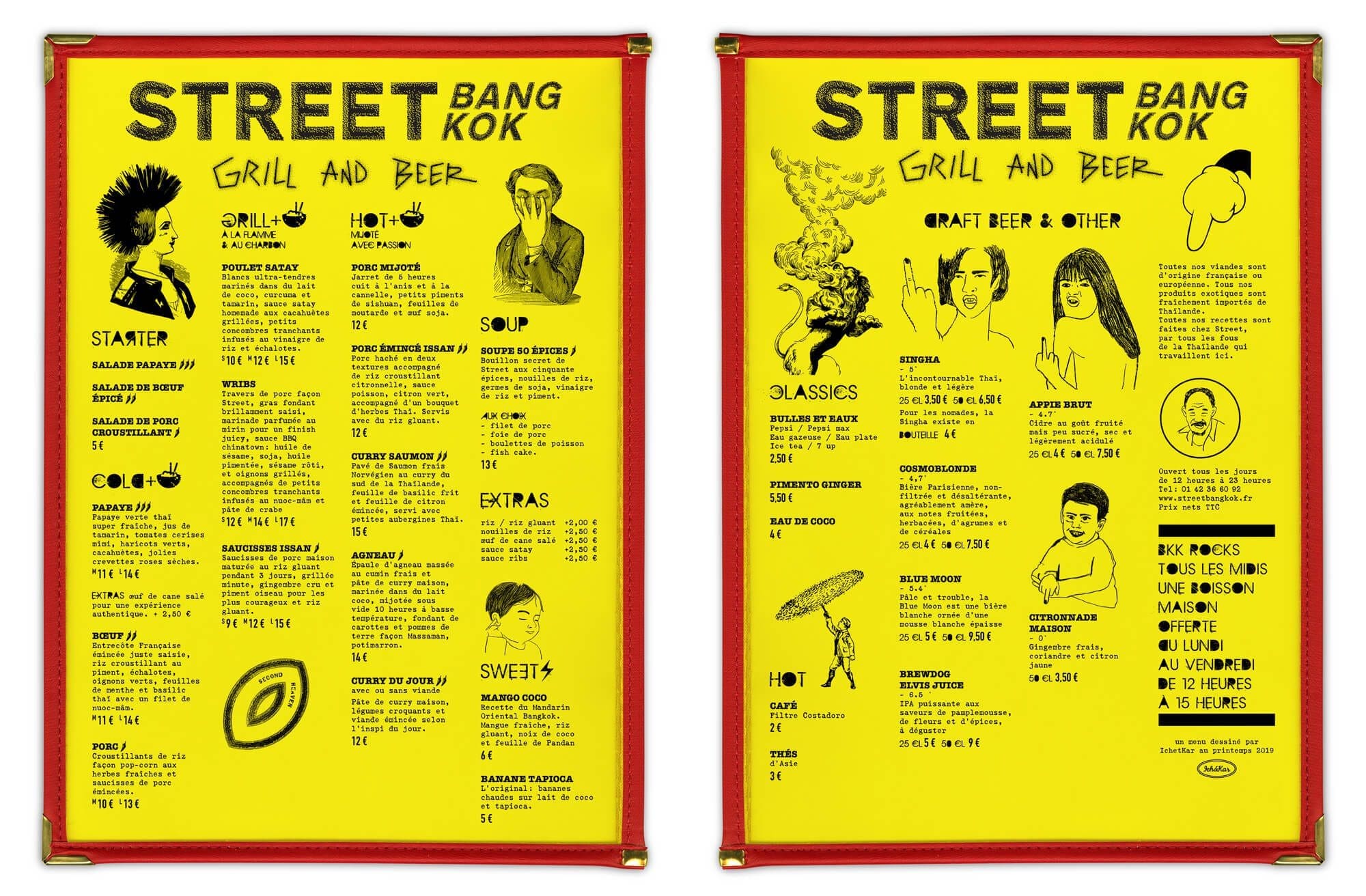 menu rouge et jaune, aux allures punks du restaurant thaï StreetBKK dessiné par Ich&Kar pour la chaine de restauration