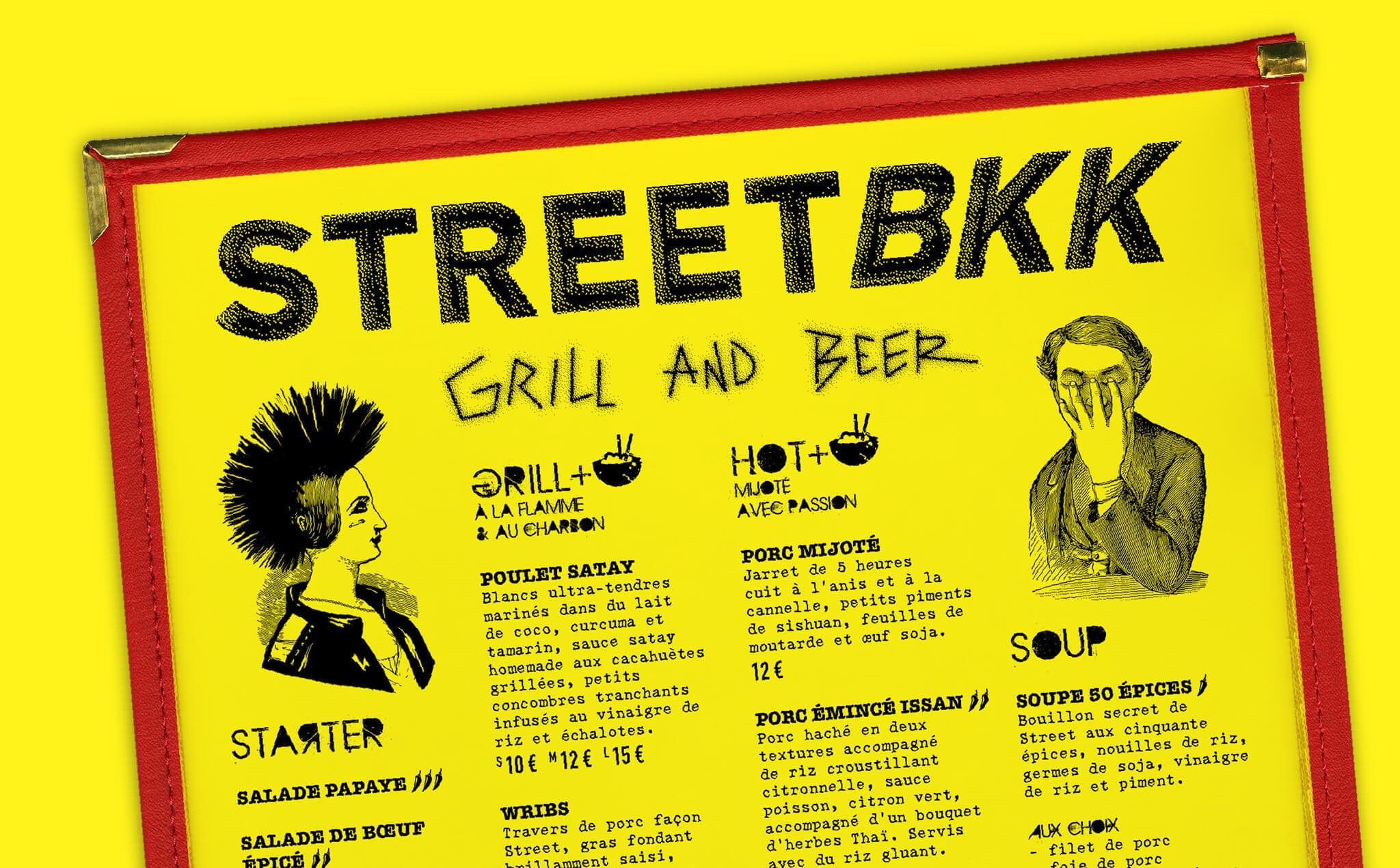 détail du menu de street bangkok par le studio de graphisme ichetkar. Une iconographie punk rock pour la chaine de restaurant thaï