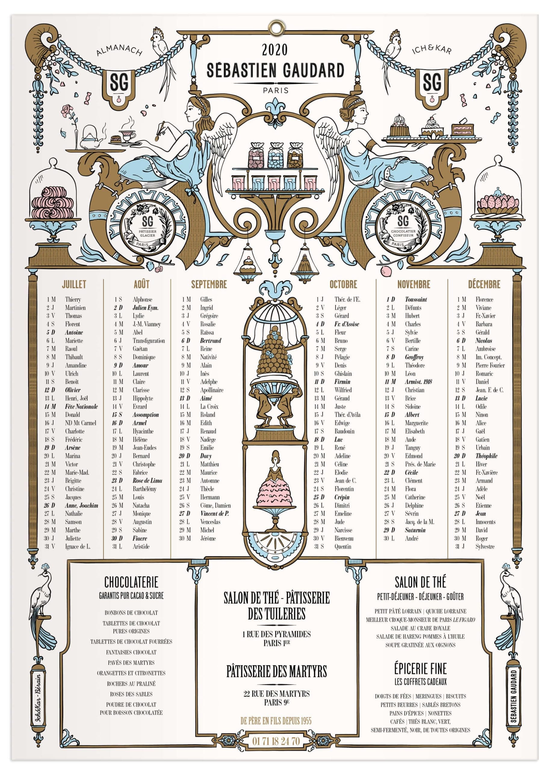 Pour l'almanach 2020 ichetkar dessine un décor pâtissier les victoires prennent le thé dans une structure inspiré du décorateur Bérain