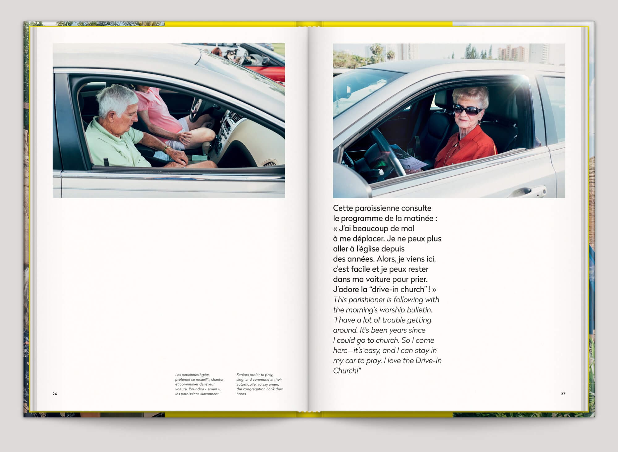 La serie Drive In du photographe Cyril Abad capture des personne dans leurs voitures en pleine messe, maquette et mise en page IchetKar