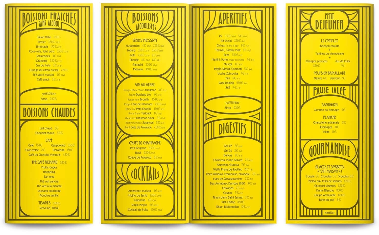 Ichetkar réalise une carte boissons pour le restaurant l'Amourette, graphisme art deco sur papier jaune