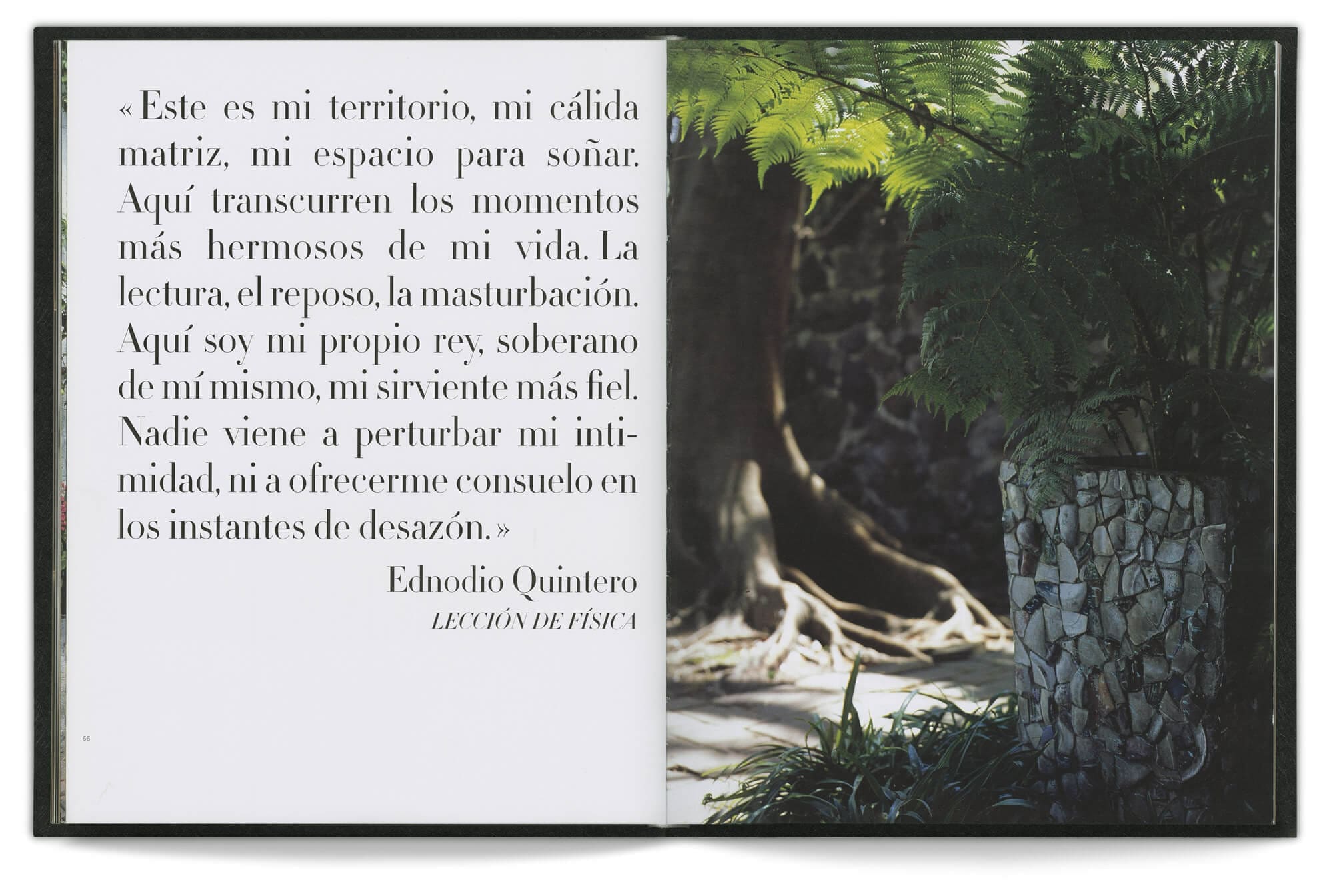 Double page présentant une citation d'Ednodio Quintero avec une photo de nature, design IchetKar