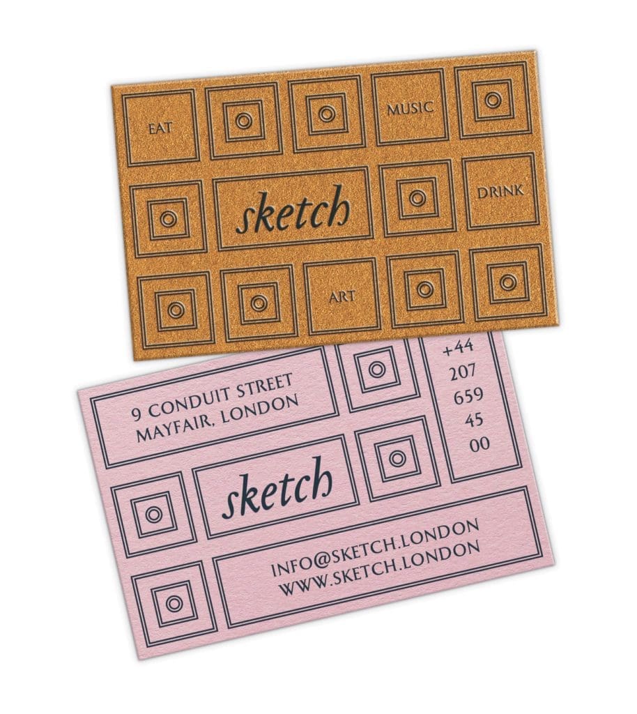 La carte de visite du restaurant le Sketch à Londres, papier rose et cuivre, impression raised pour le volume sur le motif, design IchetKar
