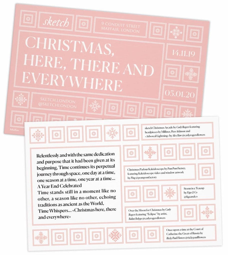 Le flyer pour le l'exposition annuelle Noel au restaurant Sketch à Londres, design Helena Ichbiah
