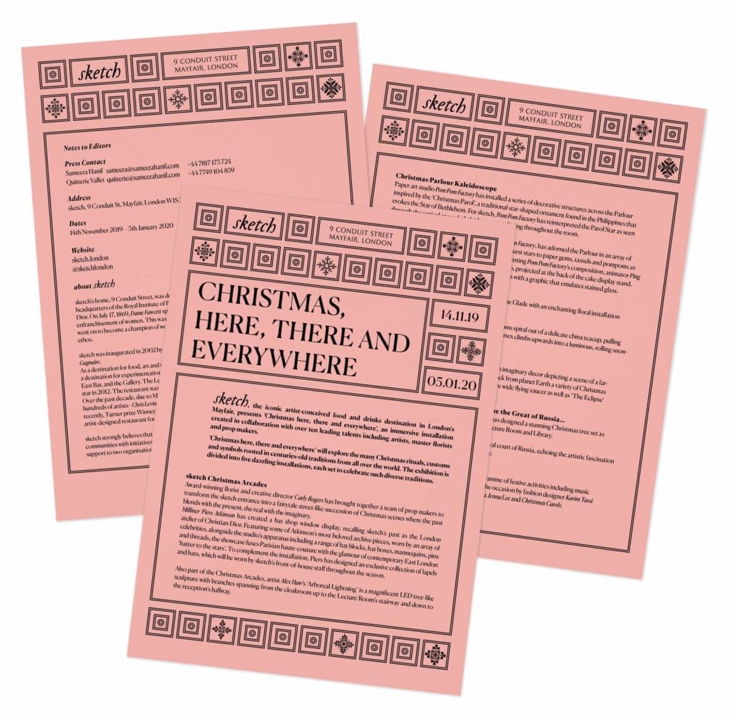 IchetKar réalise le dossier de presse de l'exposition Christmas au restaurant gastronomique Sketch à Londres