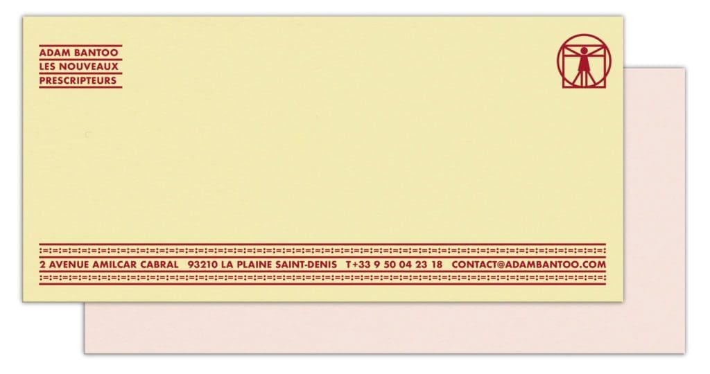 La carte de correspondance d'Adam Bantoo, jaune et rose pale, motif typographique rouge, design IchetKar