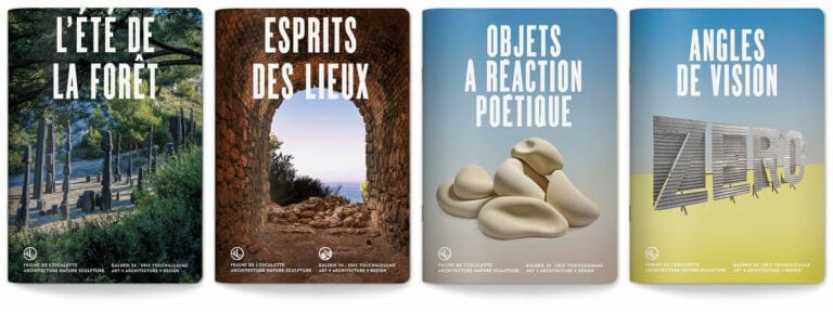 Les couvertures du livret des saisons 2020, 2021, 2022 et 2023 de l'exposition à la Friche de l'escalette à Marseille, design IchetKar