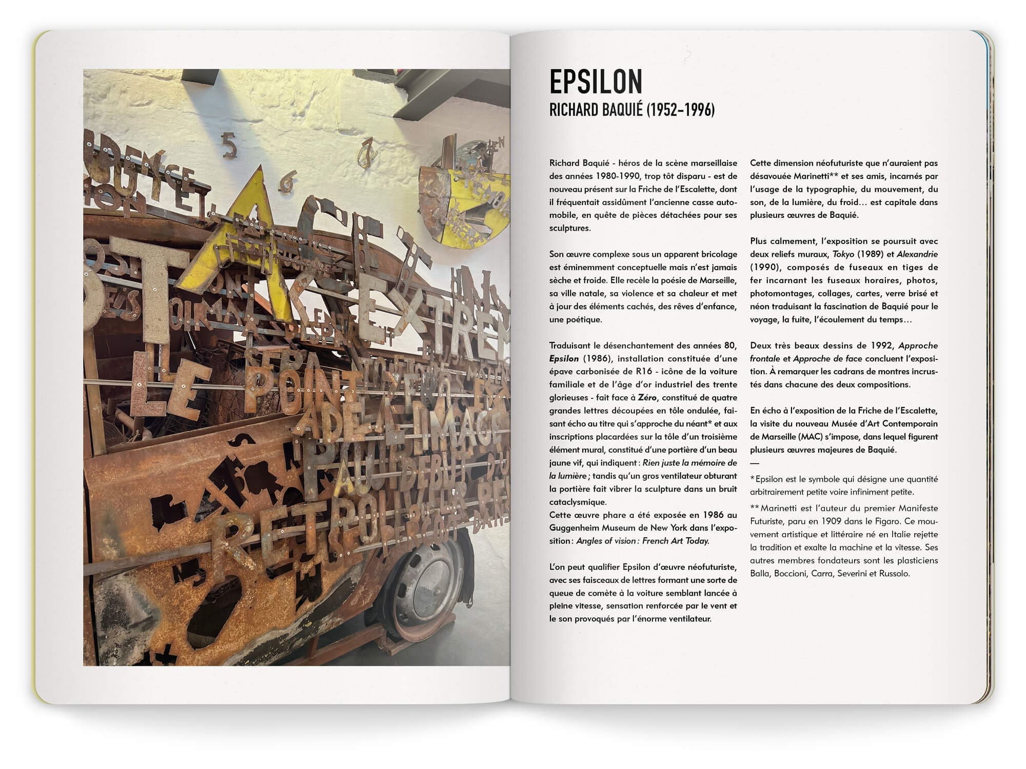 Double page sur l'artiste Richard Baquié et son oeuvre Epsilon, exposé à la Friche de l'Escalette à Marseille, design IchetKar