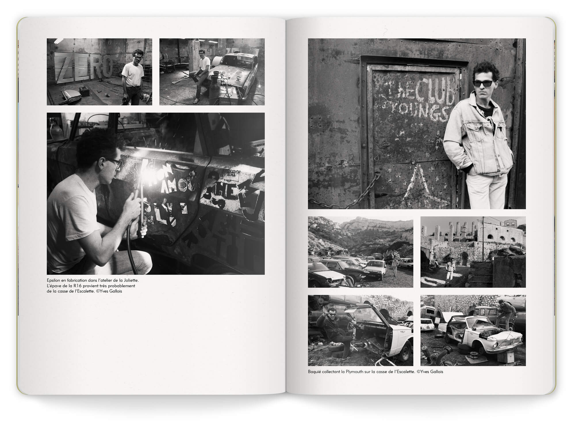 Double page de photographie en noir et blanc de Richard Baquié au sein de la Friche de l'escalette à Marseille, design et mise en page IchetKar