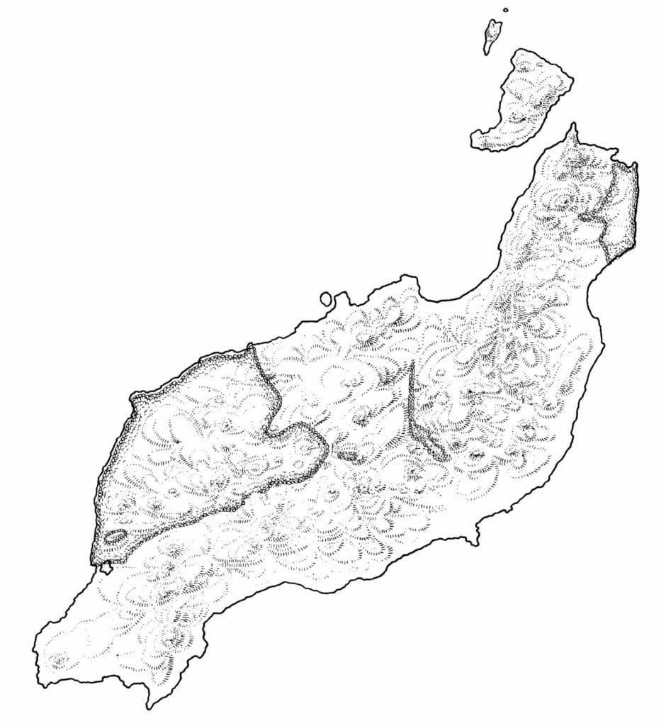 La carte dessinée faisant apparaître les nombreux reliefs de l'Ile volcanique Lanzarote