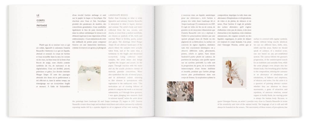 Le corps paysage, une des parties du livre d'artiste de Daniela Busarello, mise en page graphique des images et du texte français-anglais , design Ichetkar