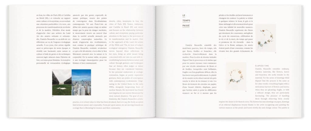 Le temps passé, double page du livre objet de Daniela Busarello sur le travail de l'artiste, conception graphique IchetKar
