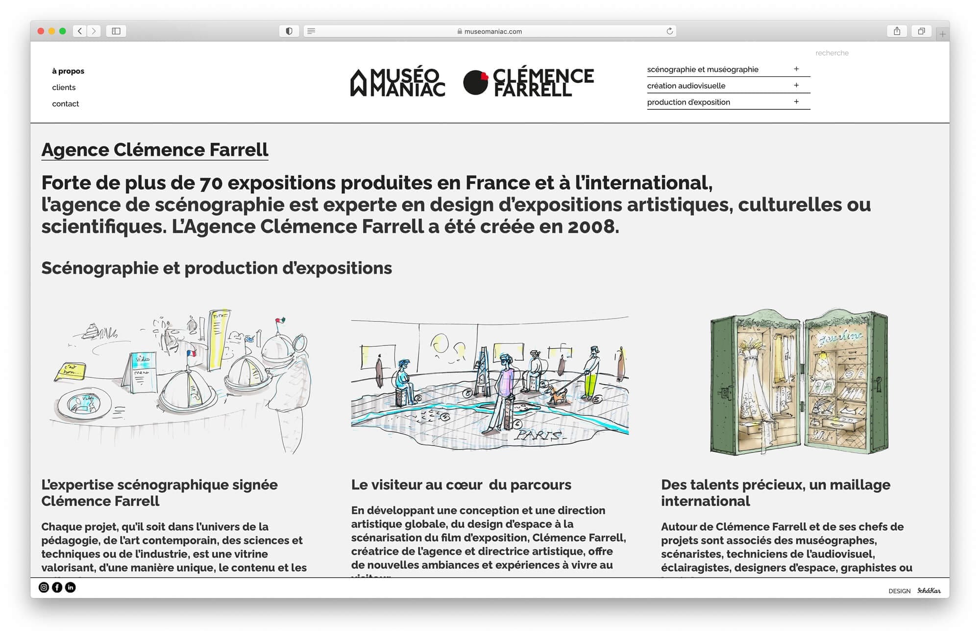 Les dessins de Clémence Farrell viennent illustrer les differentes parties developpé dans la page à propos, maquette web Helena Ichbiah