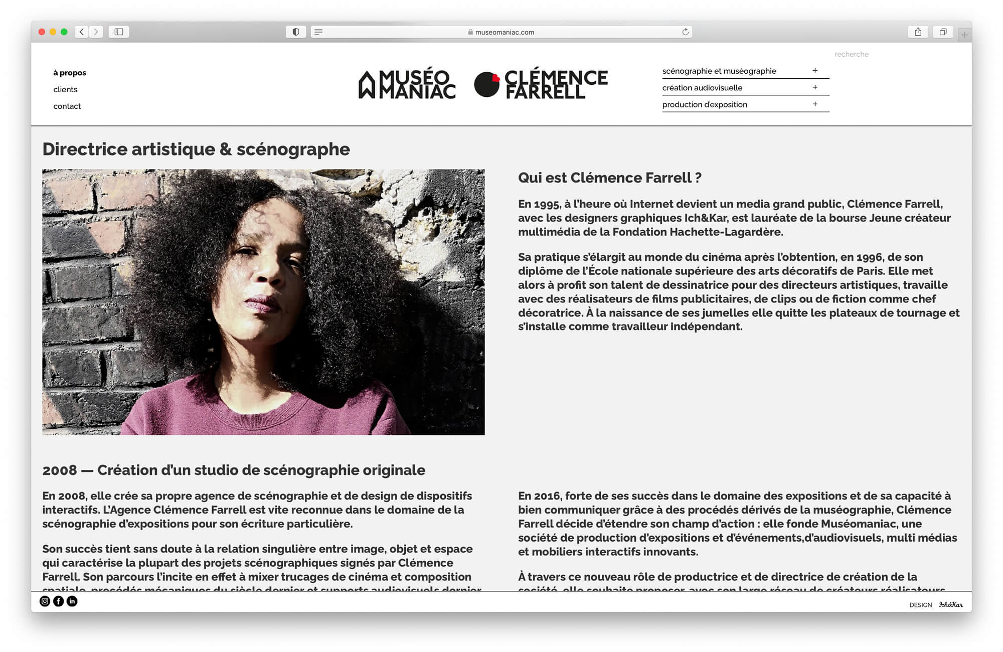 La page à propos presente la biographie de la scenographe Clémence Farrell ainsi que l'agence Muséomaniac, design IchetKar