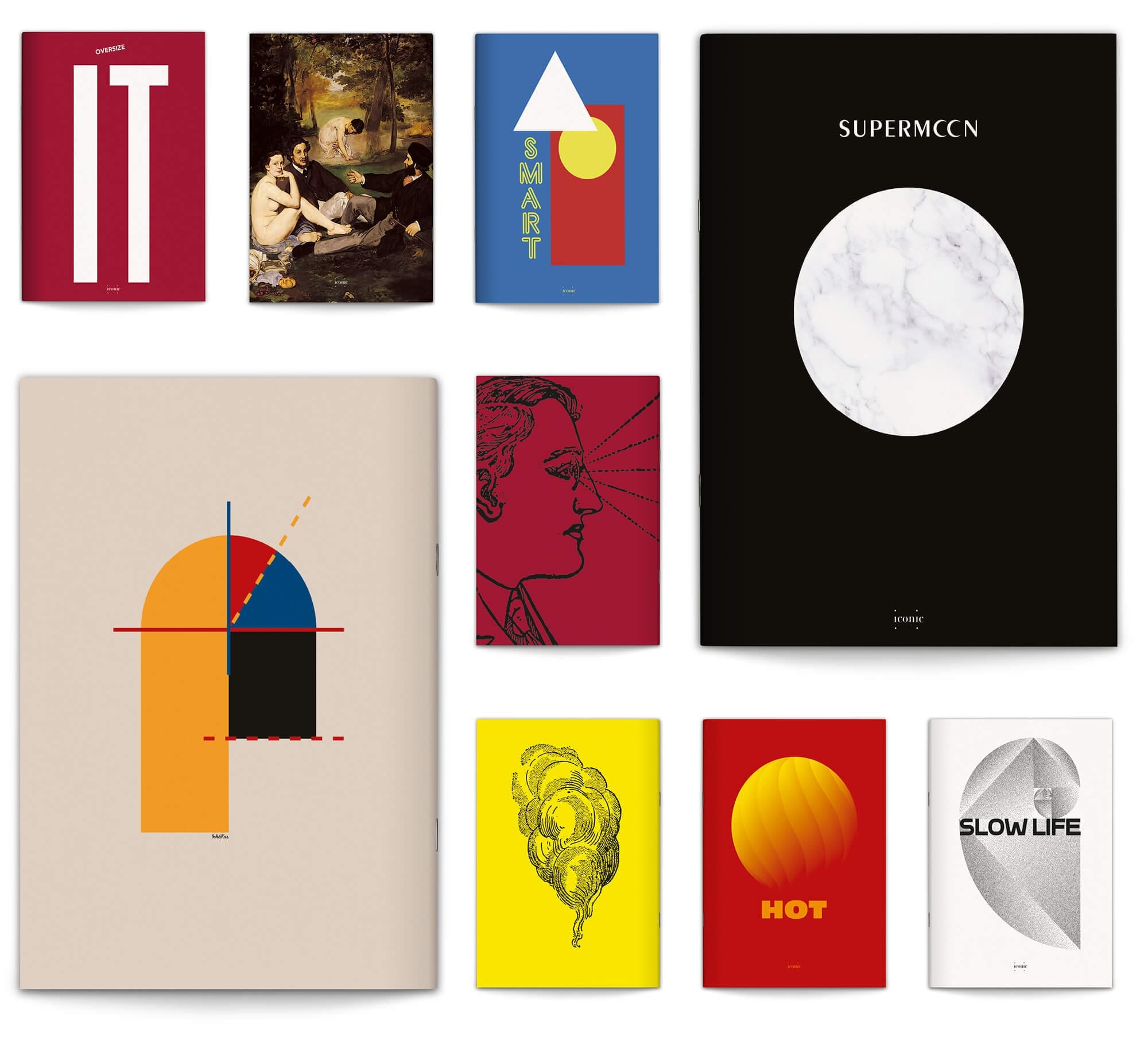 ichetkar dessine la maquette du magazine de design designerbox, les trois premiers numéros disposés en eventail montent les couvertures illustrées