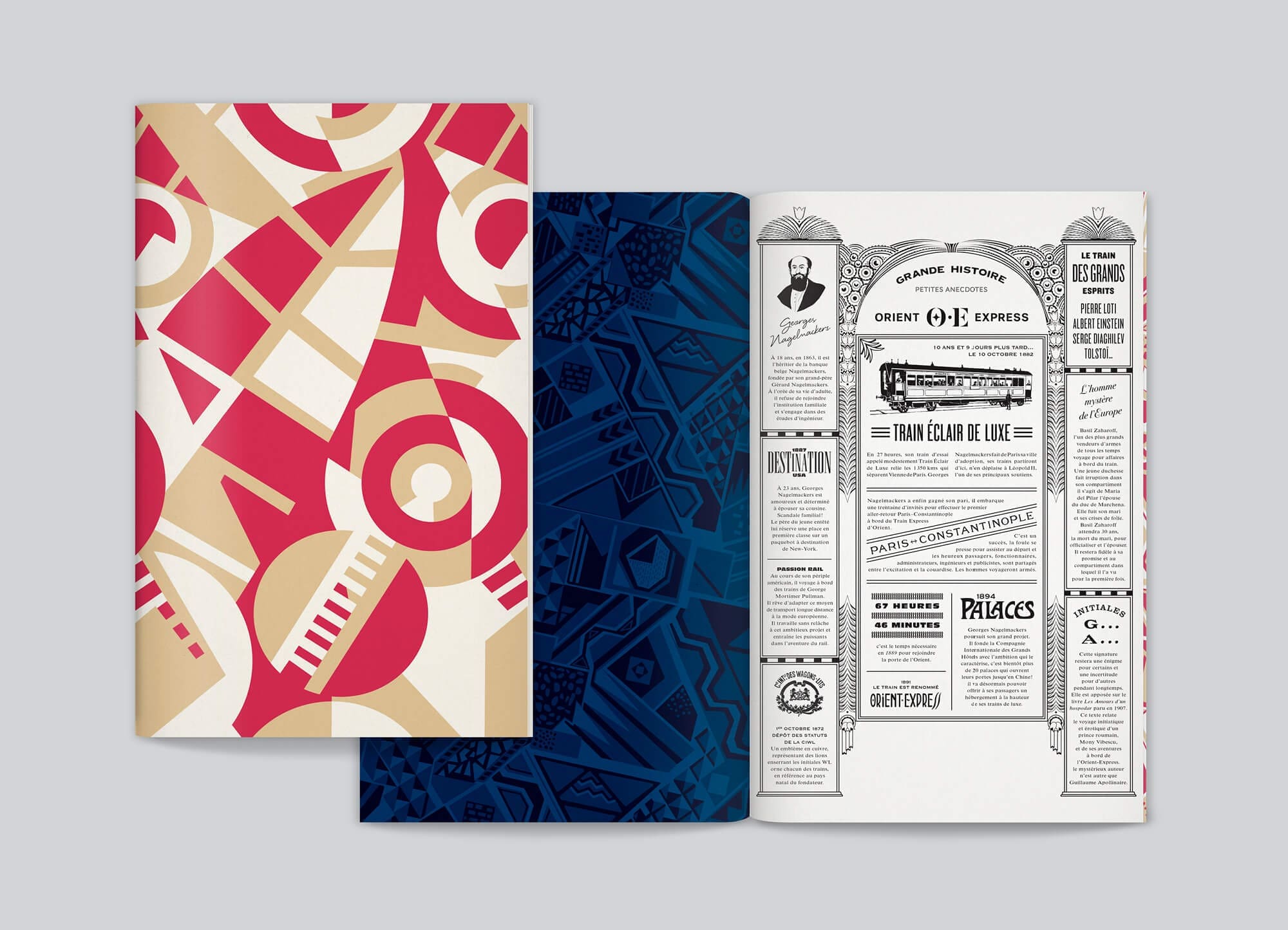 Le menu pédagogique historique de l'orient express avec en couverture un motif inspiré des fauteuils, design IchetKar