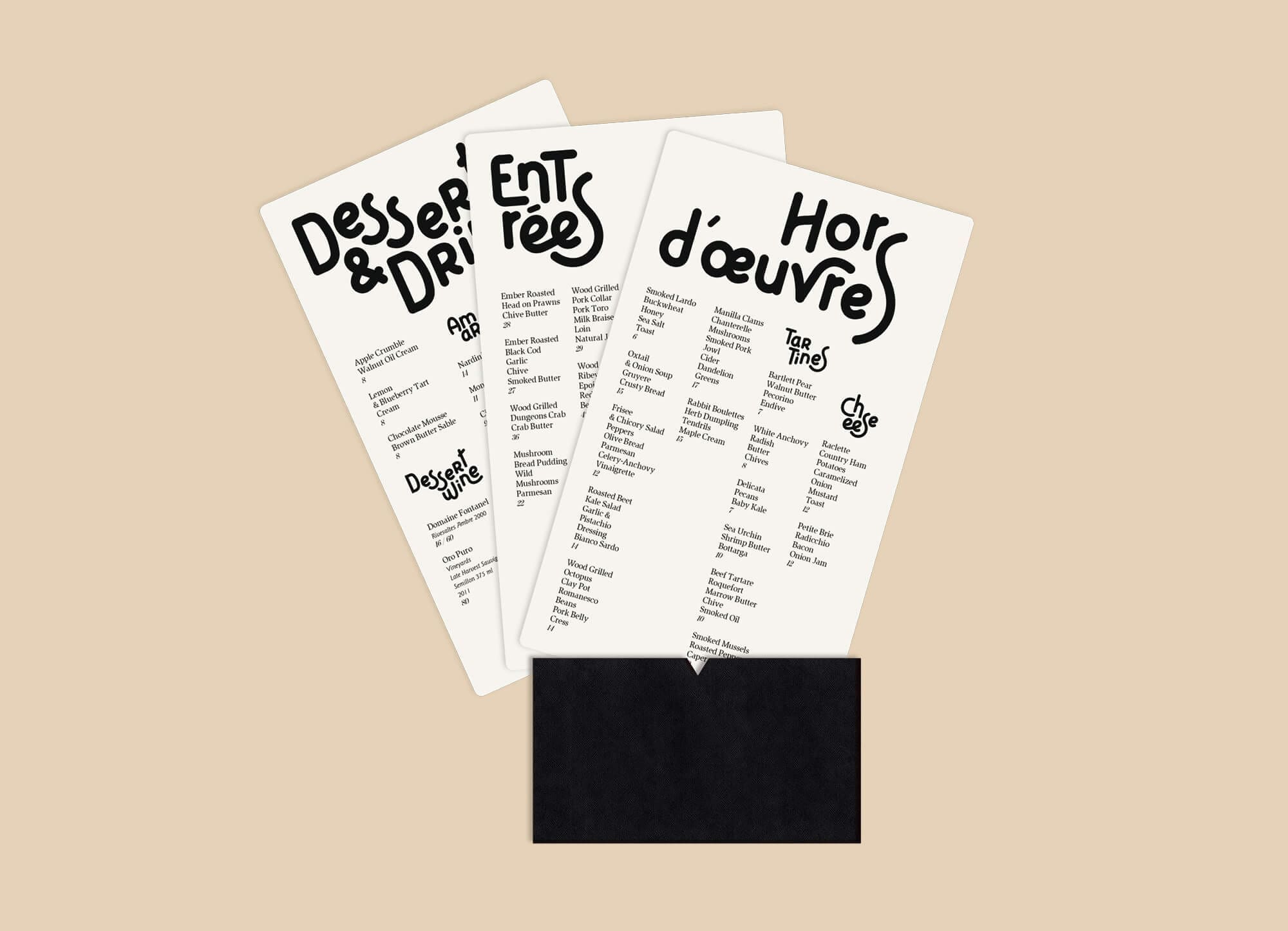 Les cartes du menu du restaurant cadet aux Etats Unis, typographie expressive dessiné par IchetKar